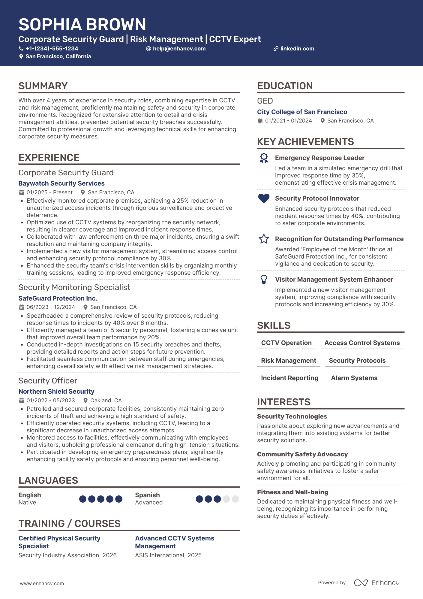 A resume example of a Corporate Security Guard
