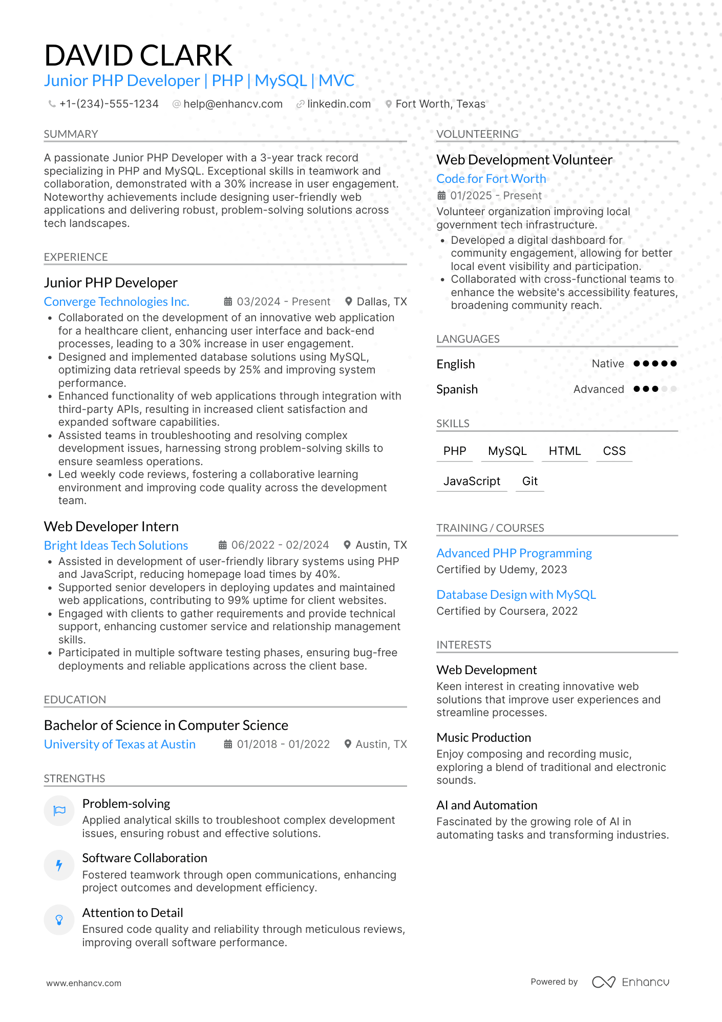 A resume example of a Junior PhP Developer