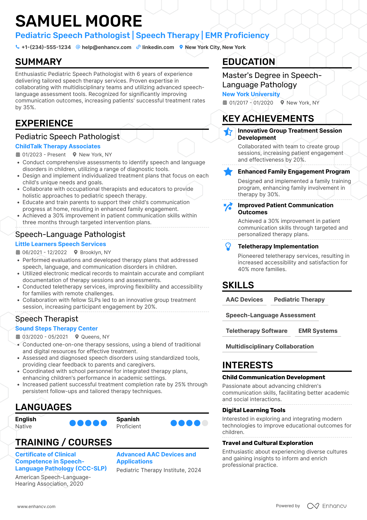 A resume example of a Pediatric Speech Pathologist