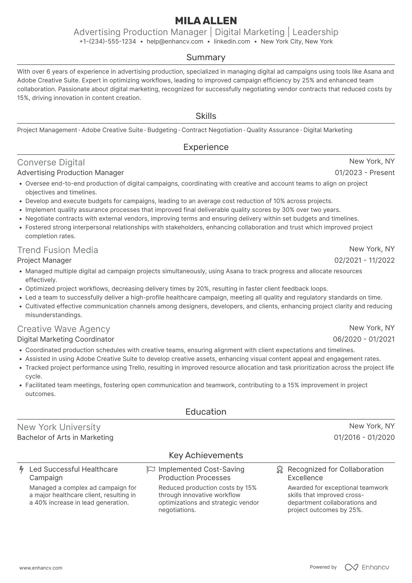 A resume example of a Advertising Production Manager
