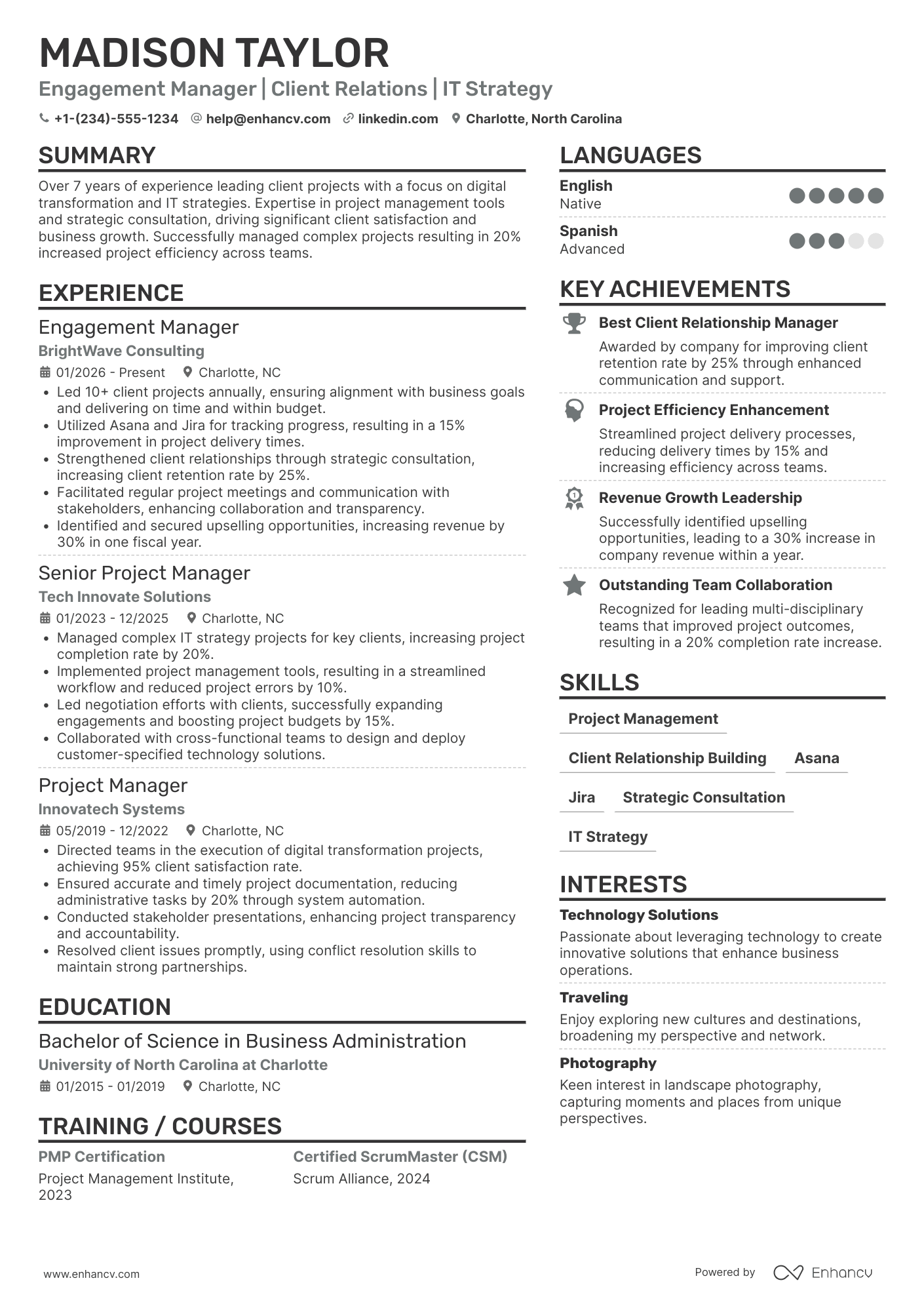 A resume example of a Engagement Manager