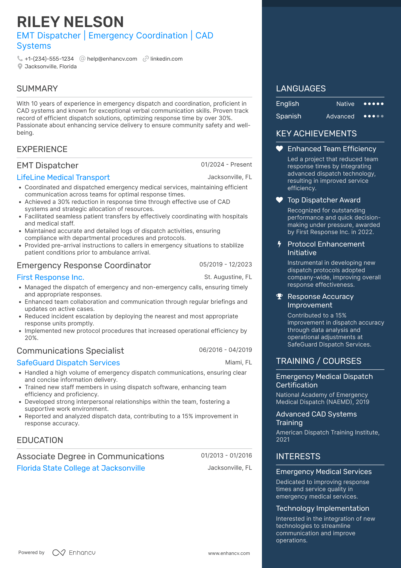 A resume example of a EMT Dispatcher