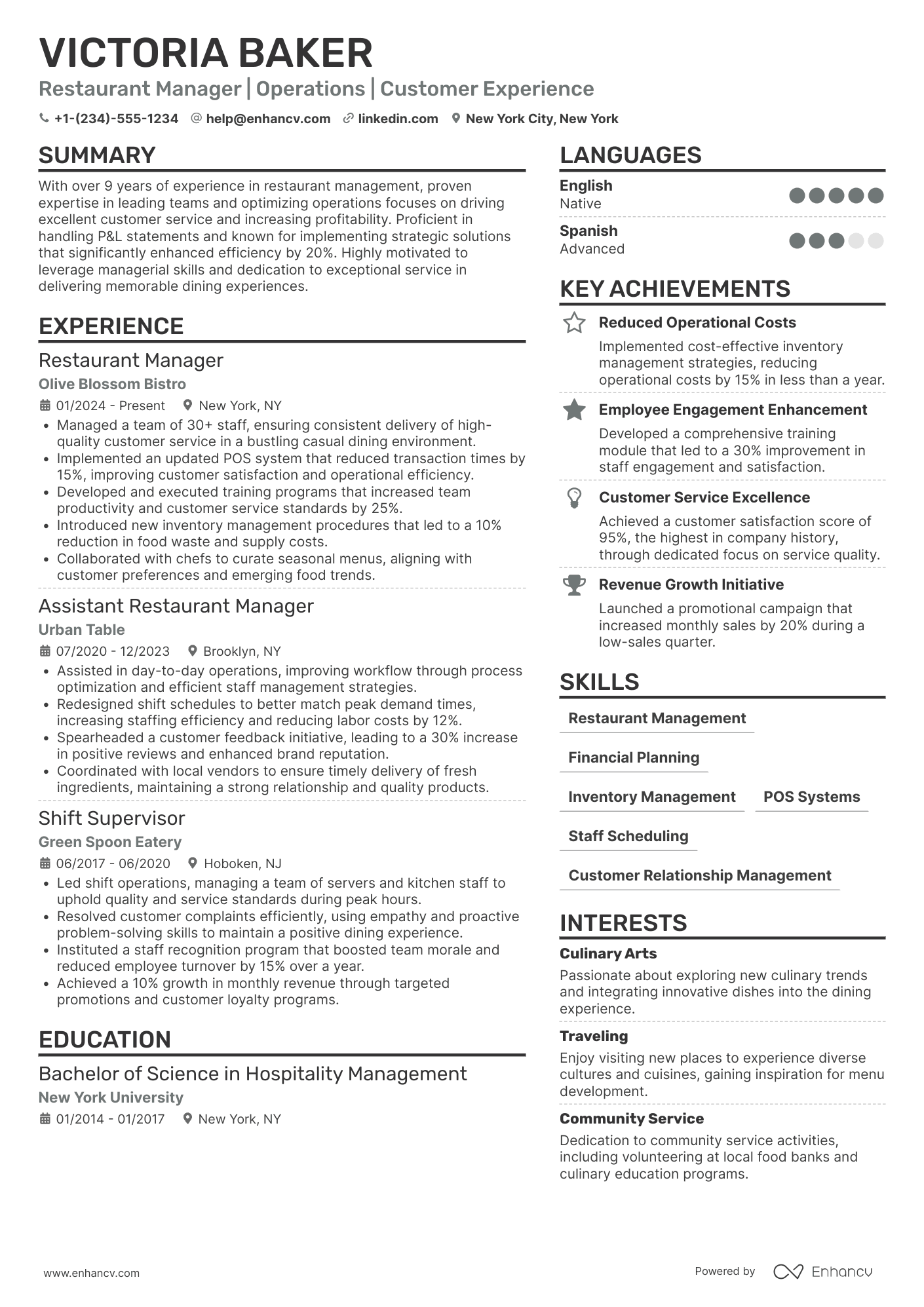 A resume example of a Casual Dining Restaurant Manager