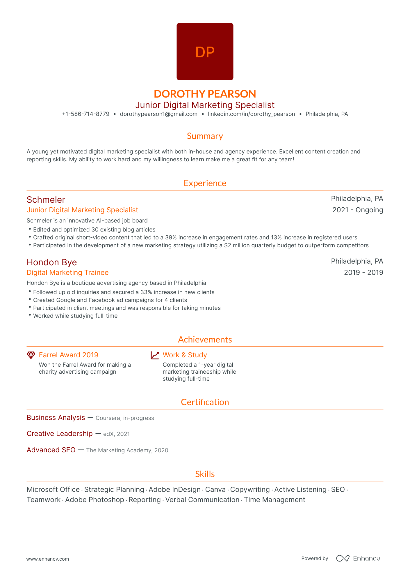 Traditional Entry Level Digital Marketing Resume Template