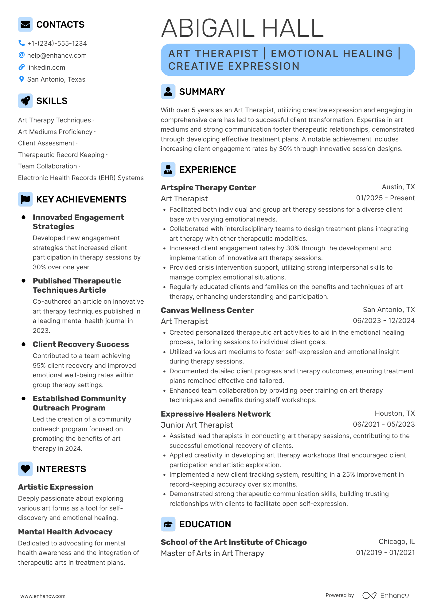 A resume example of a Art Therapist