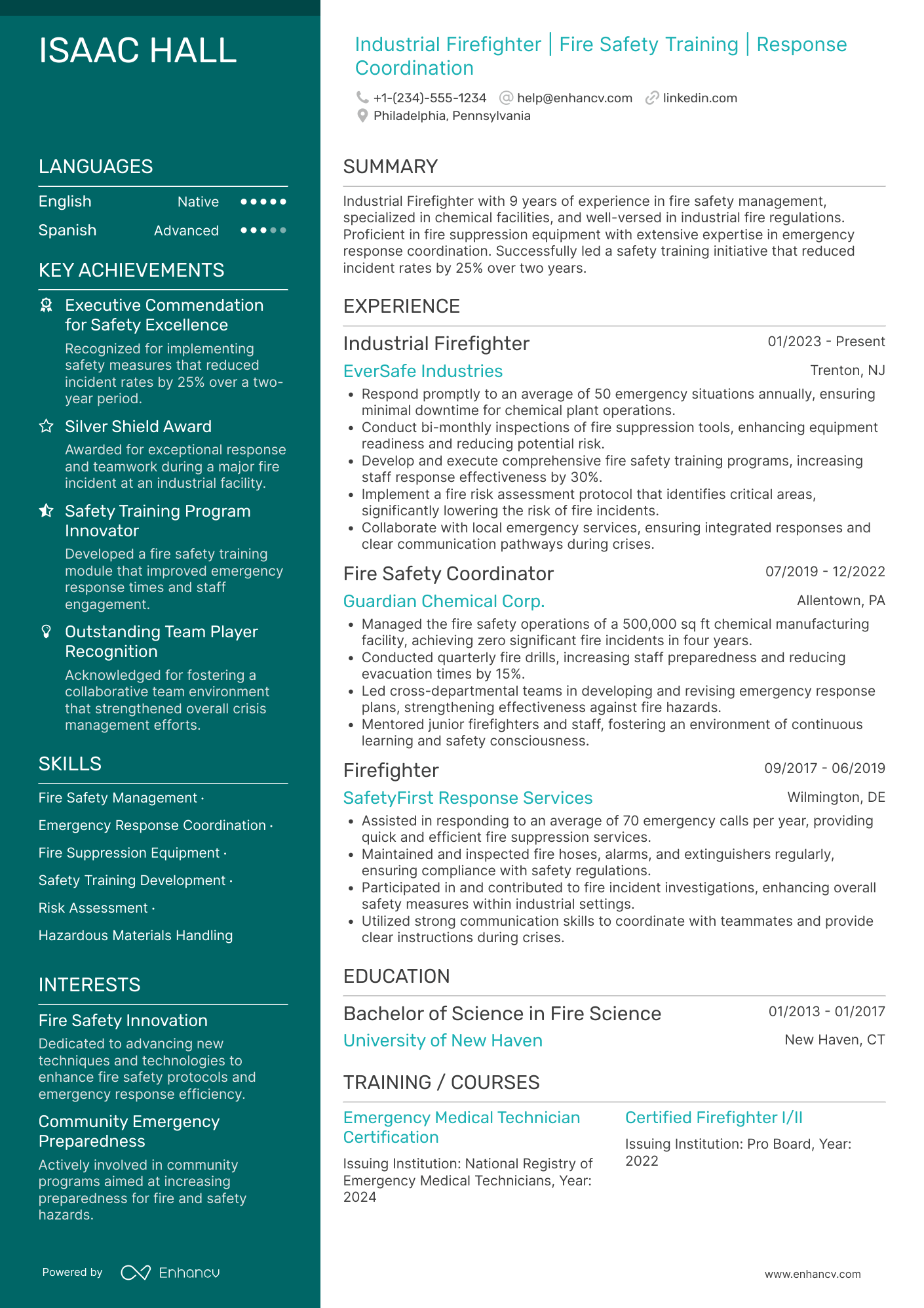 A resume example of a Industrial Firefighter