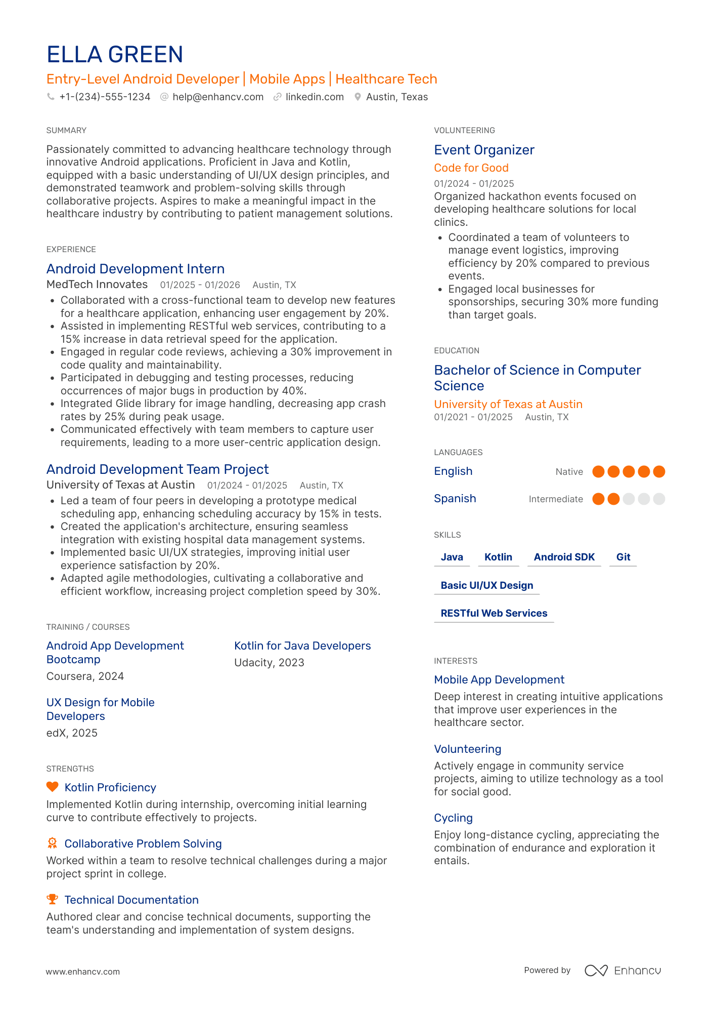 A resume example of a Entry Level Android Developer