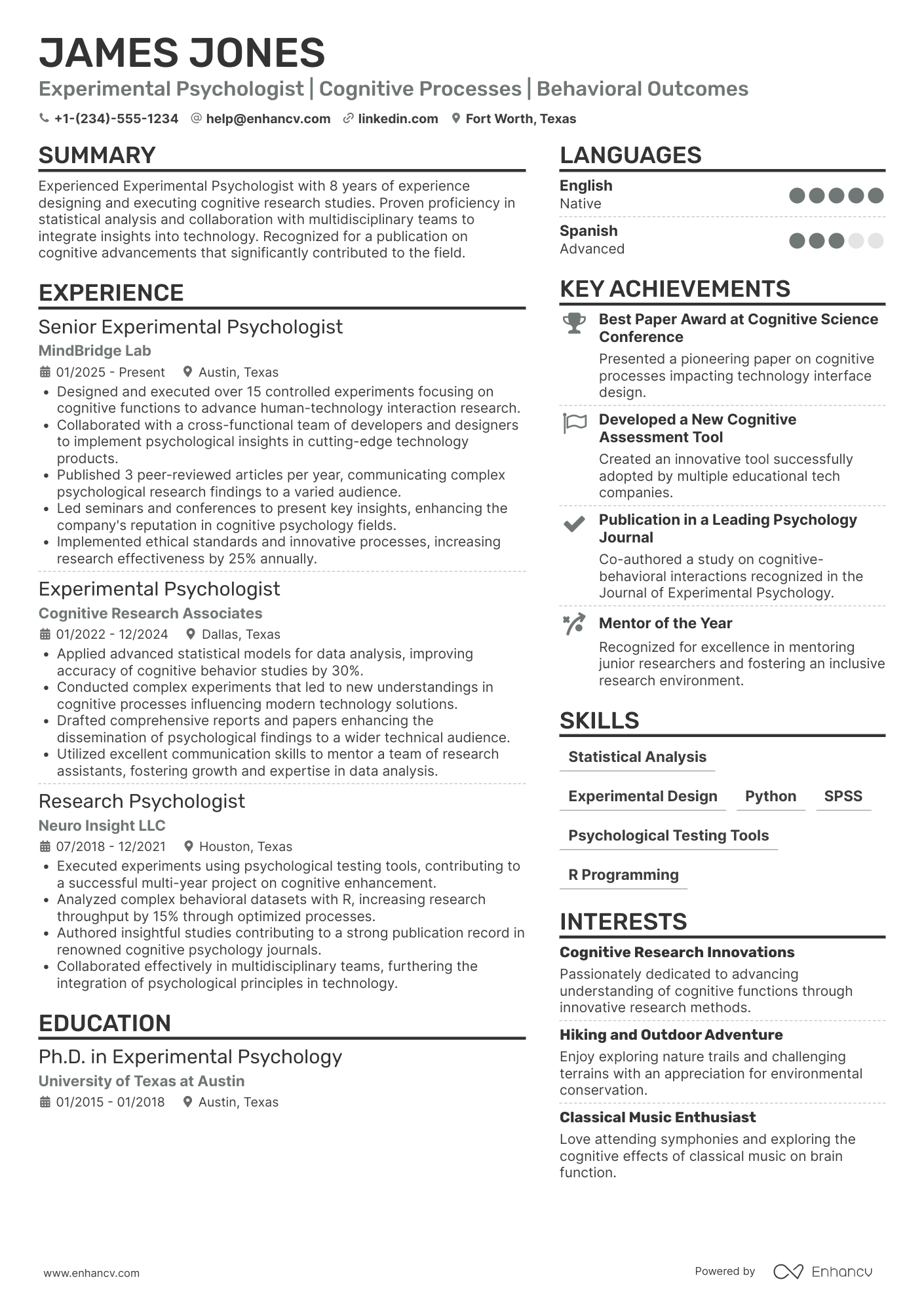 A resume example of a Experimental Psychologist