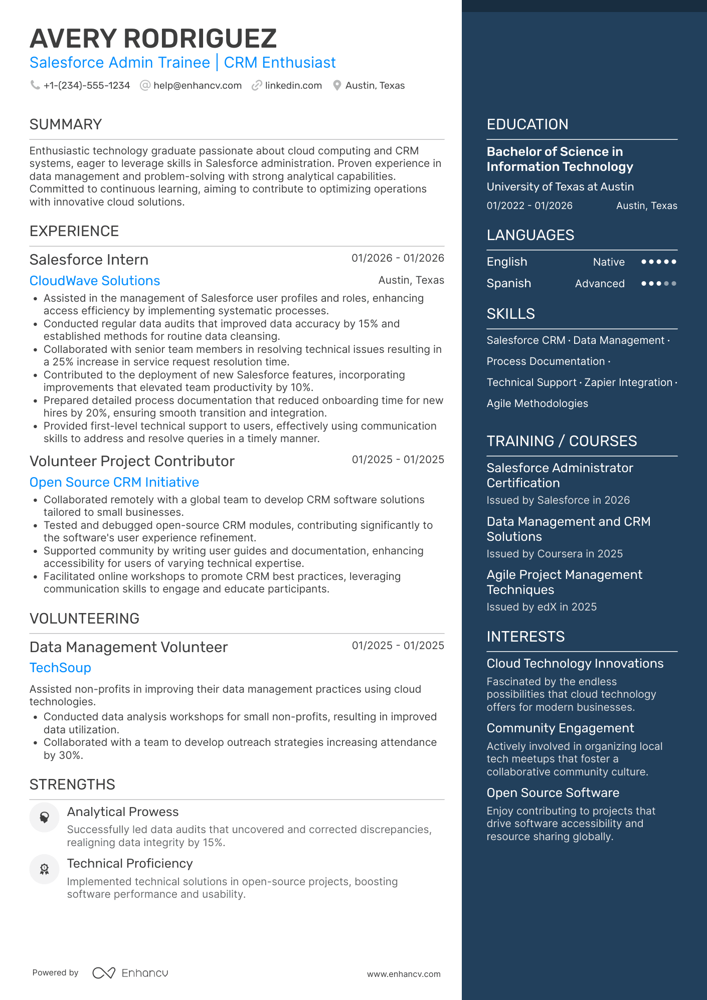 A resume example of a Salesforce Admin Trainee