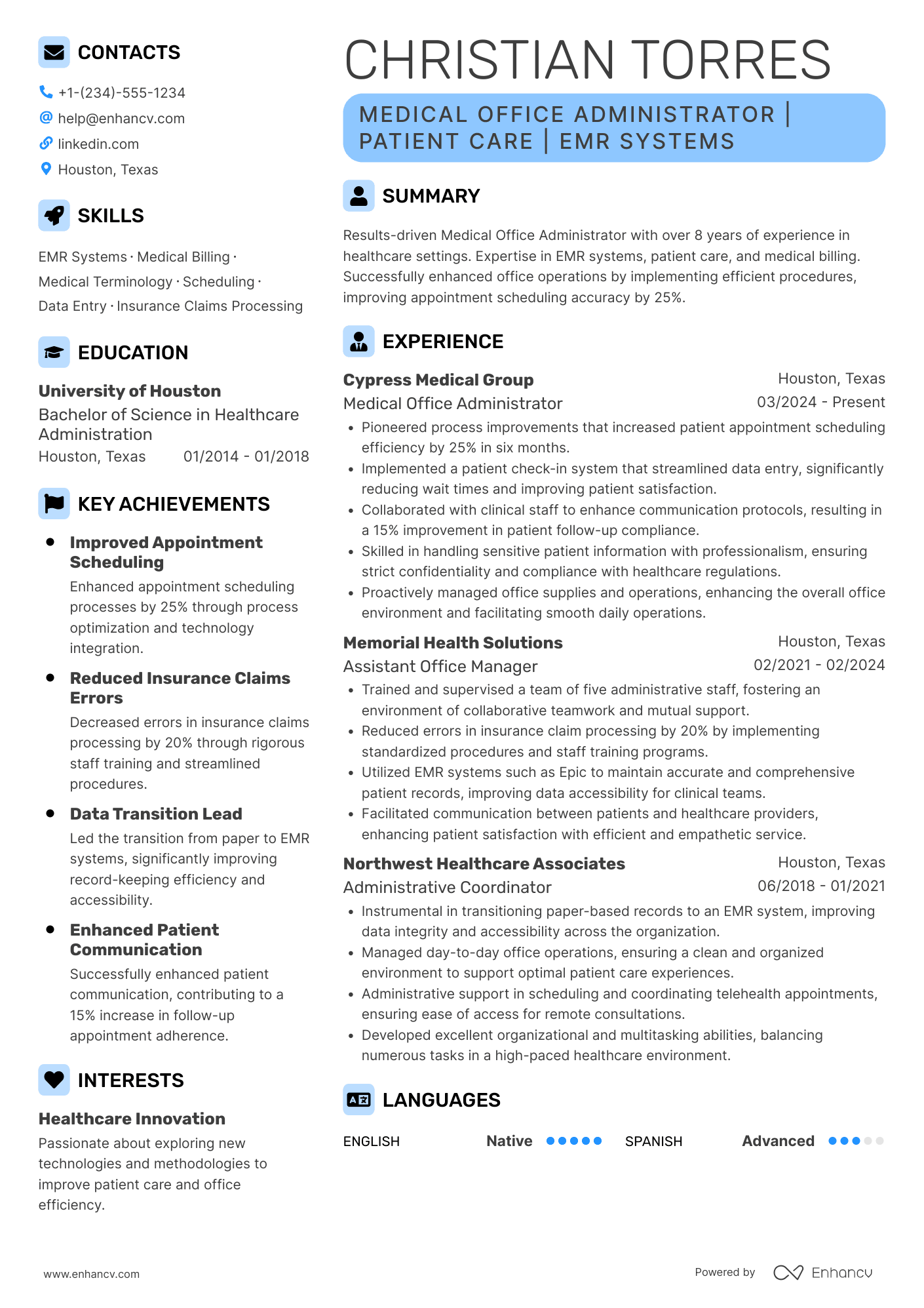 A resume example of a Medical Office Administrator