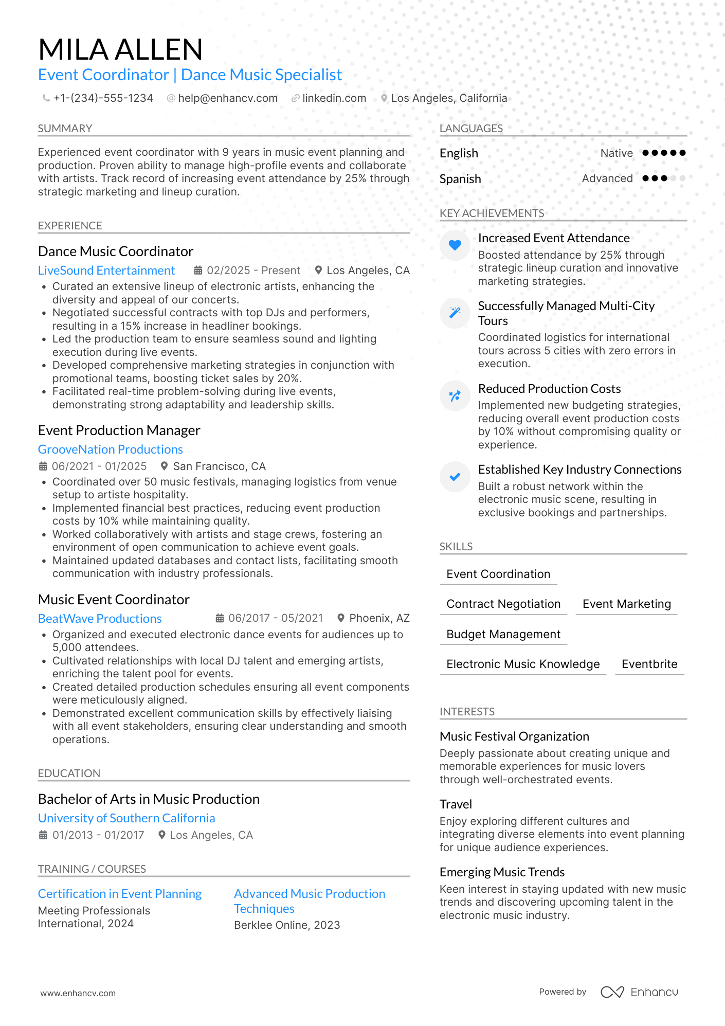 A resume example of a Dance Music Coordinator