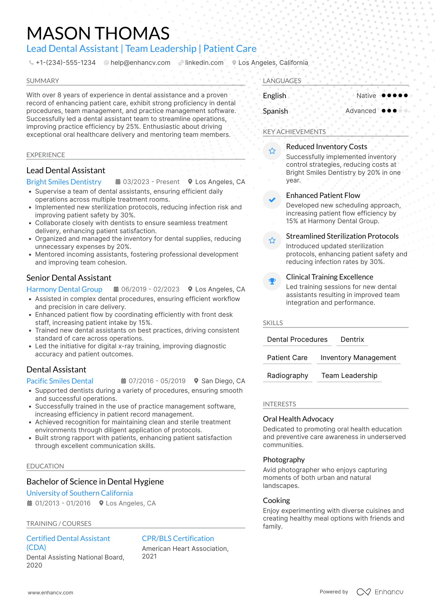 A resume example of a Lead Dental Assistant