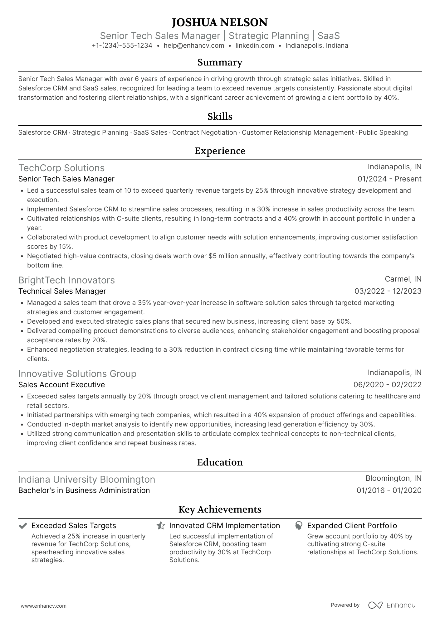 A resume example of a Senior Tech Sales Manager
