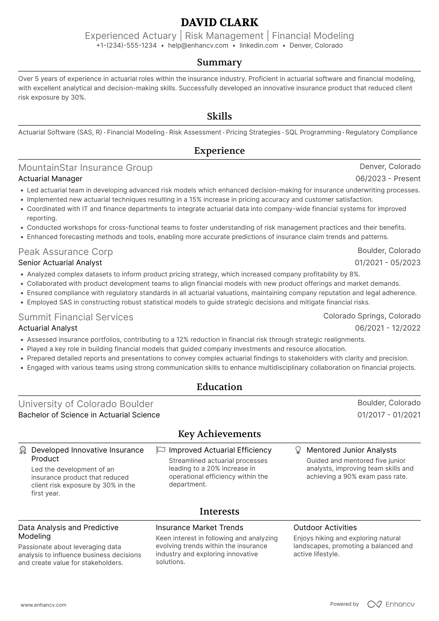 A resume example of a Experienced Actuary