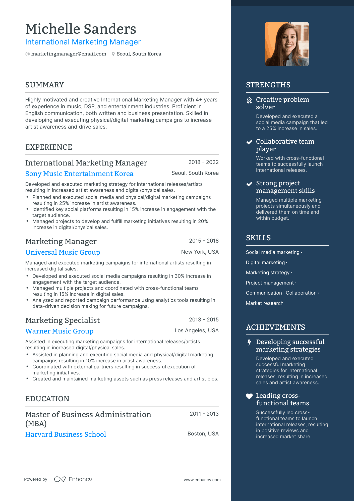 One Page International Marketing Manager Resume Template
