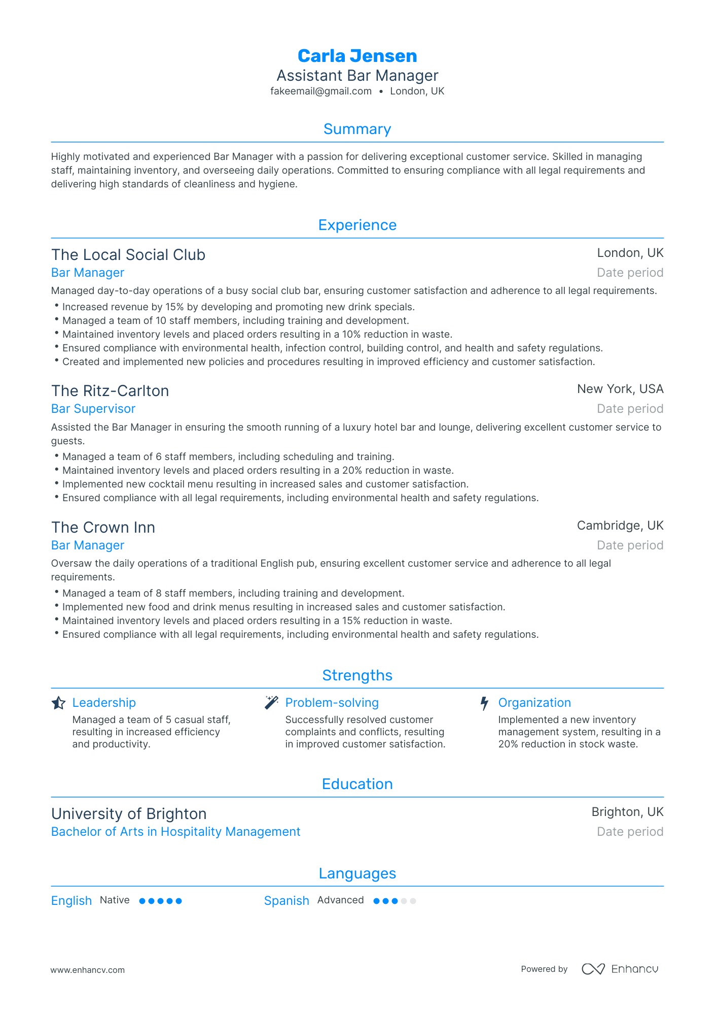 Traditional Bar Manager Resume Template