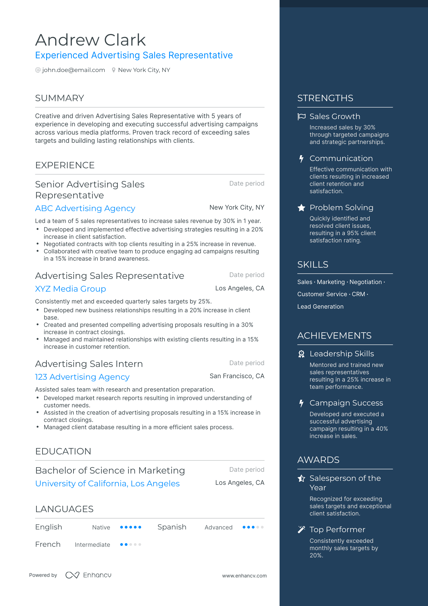 One Page Advertising Sales Representative Resume Template