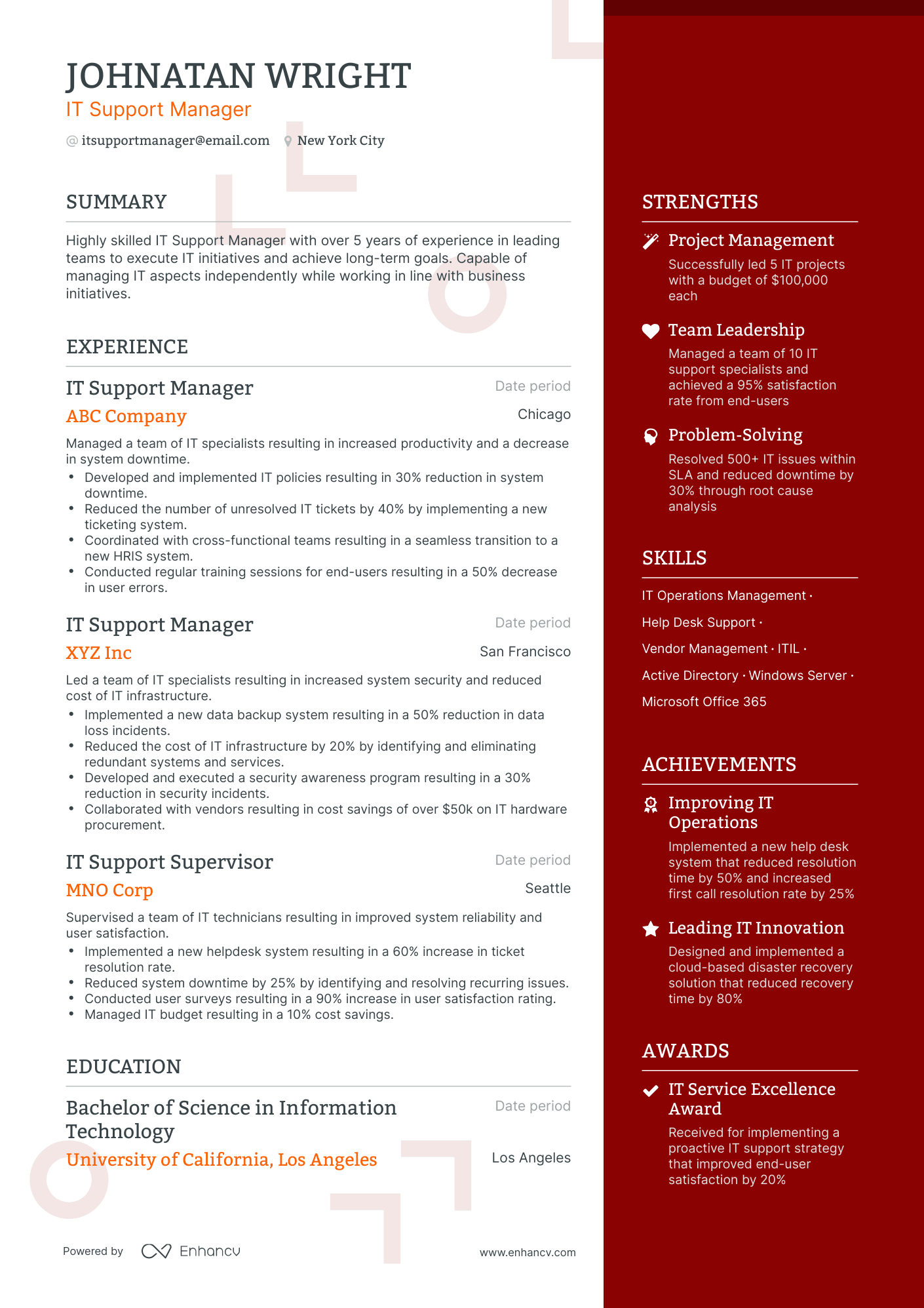 One Page IT Support Manager Resume Template