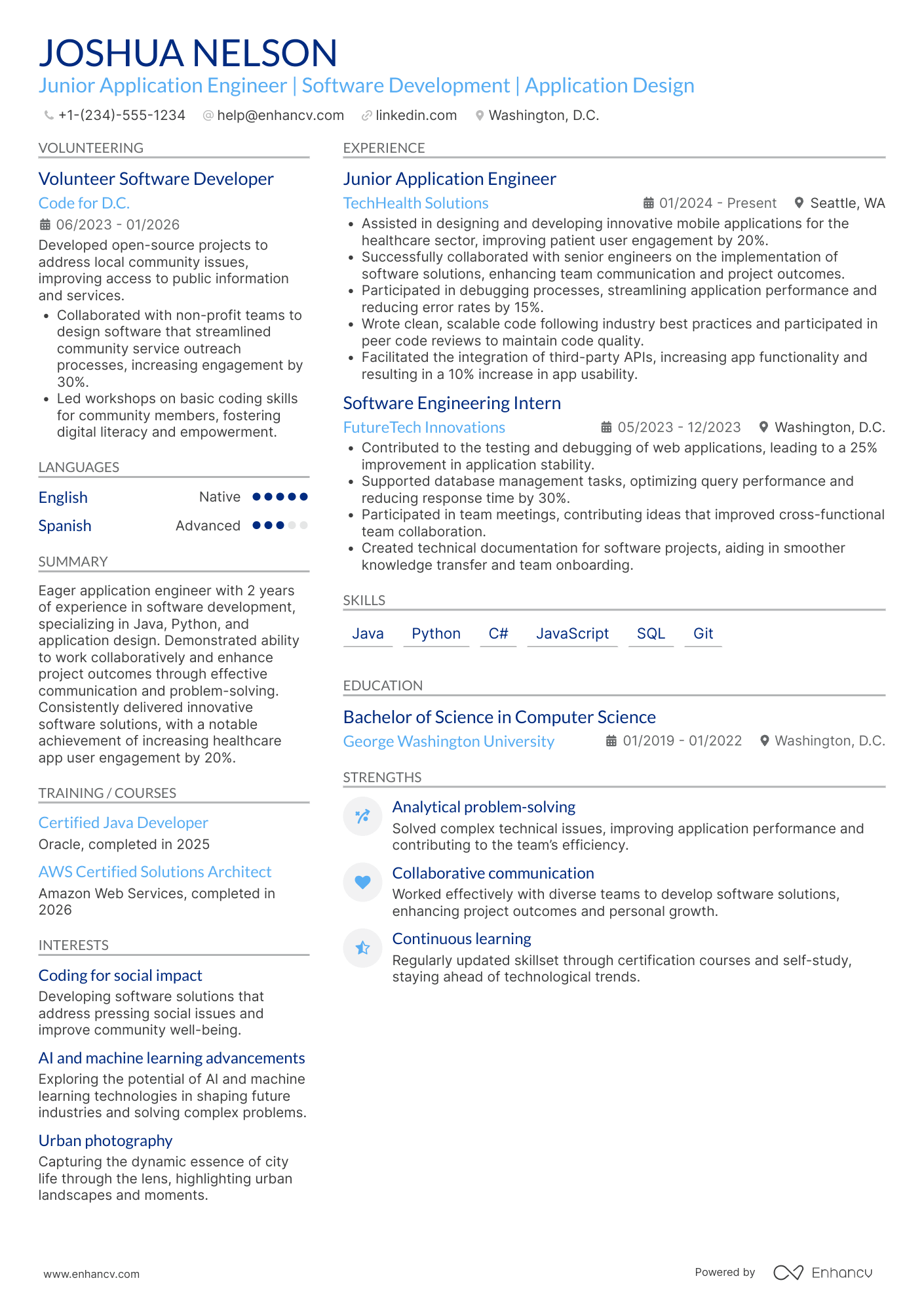 A resume example of a Junior Application Engineer