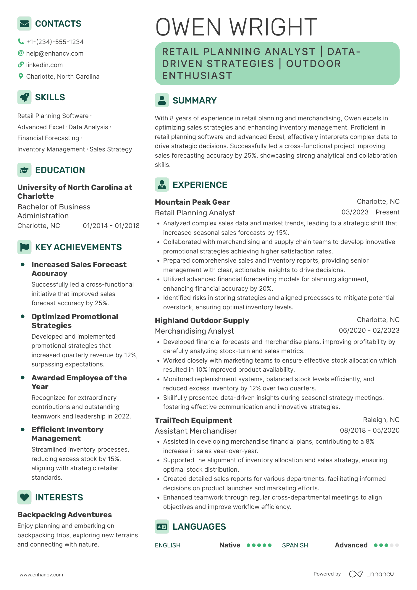 A resume example of a Retail Planning Analyst