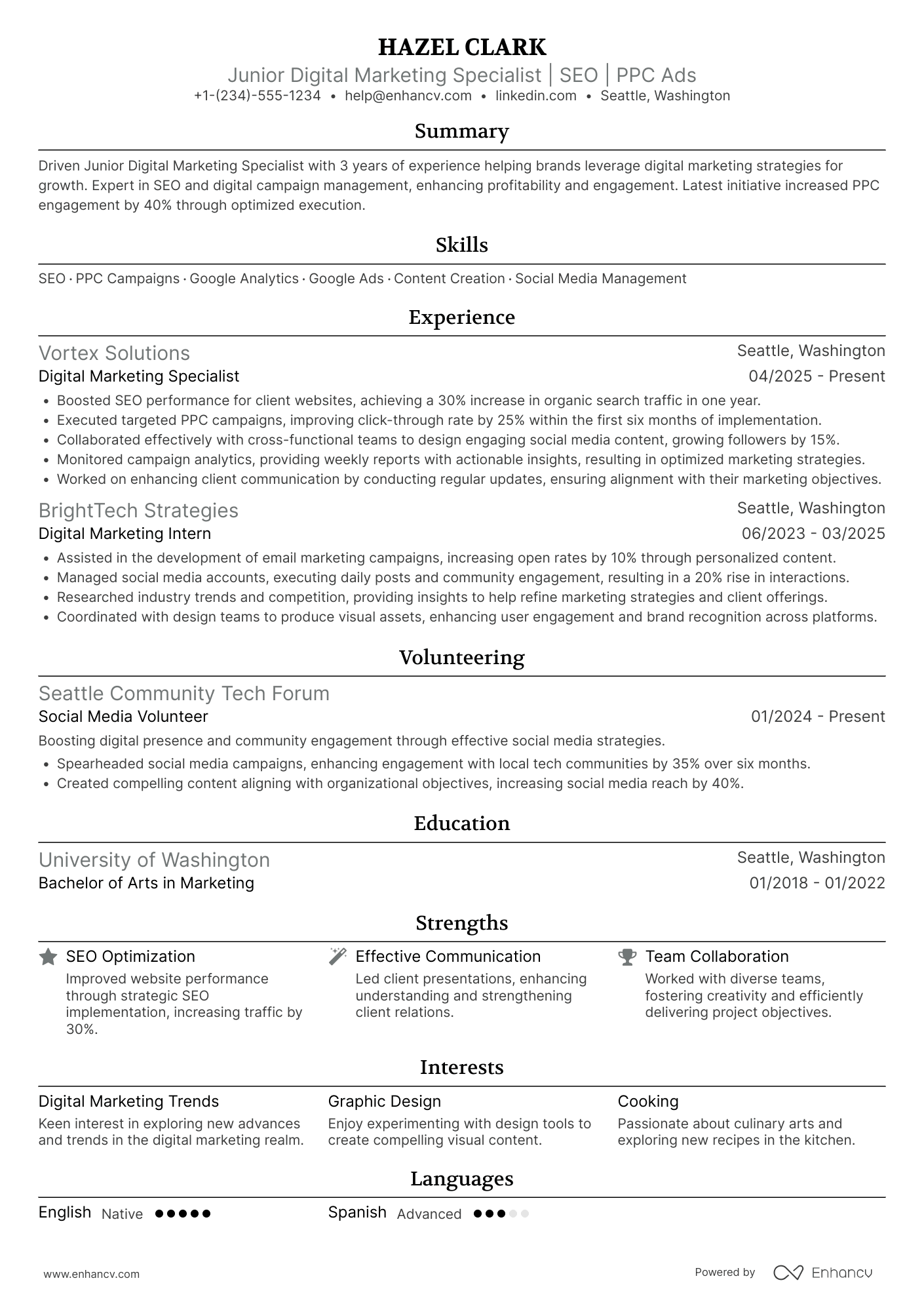 A resume example of a Junior Digital Marketing Specialist