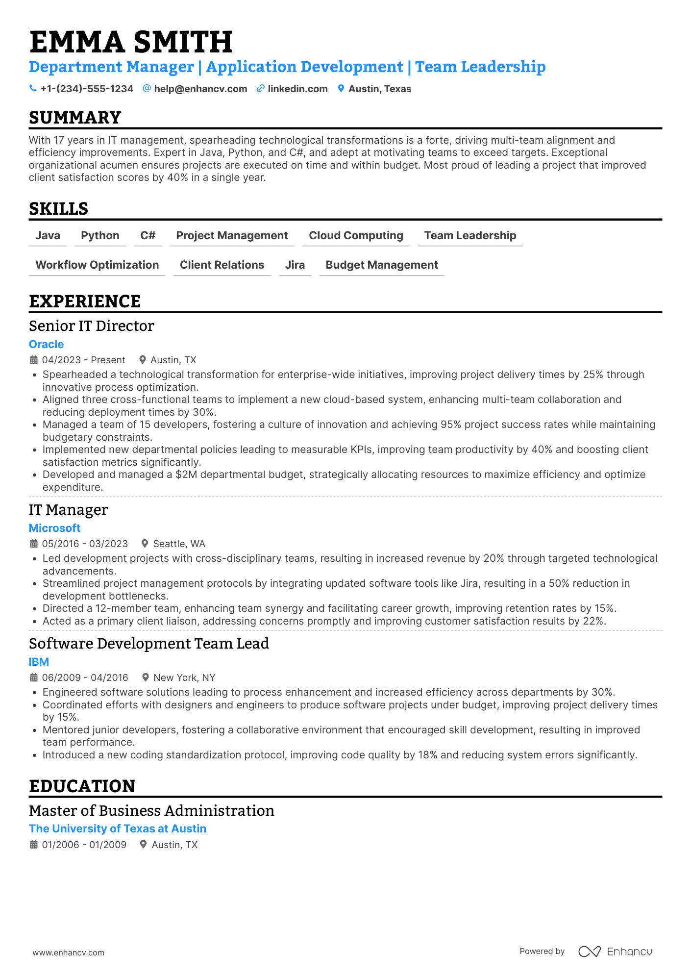 A resume example of a Department Manager