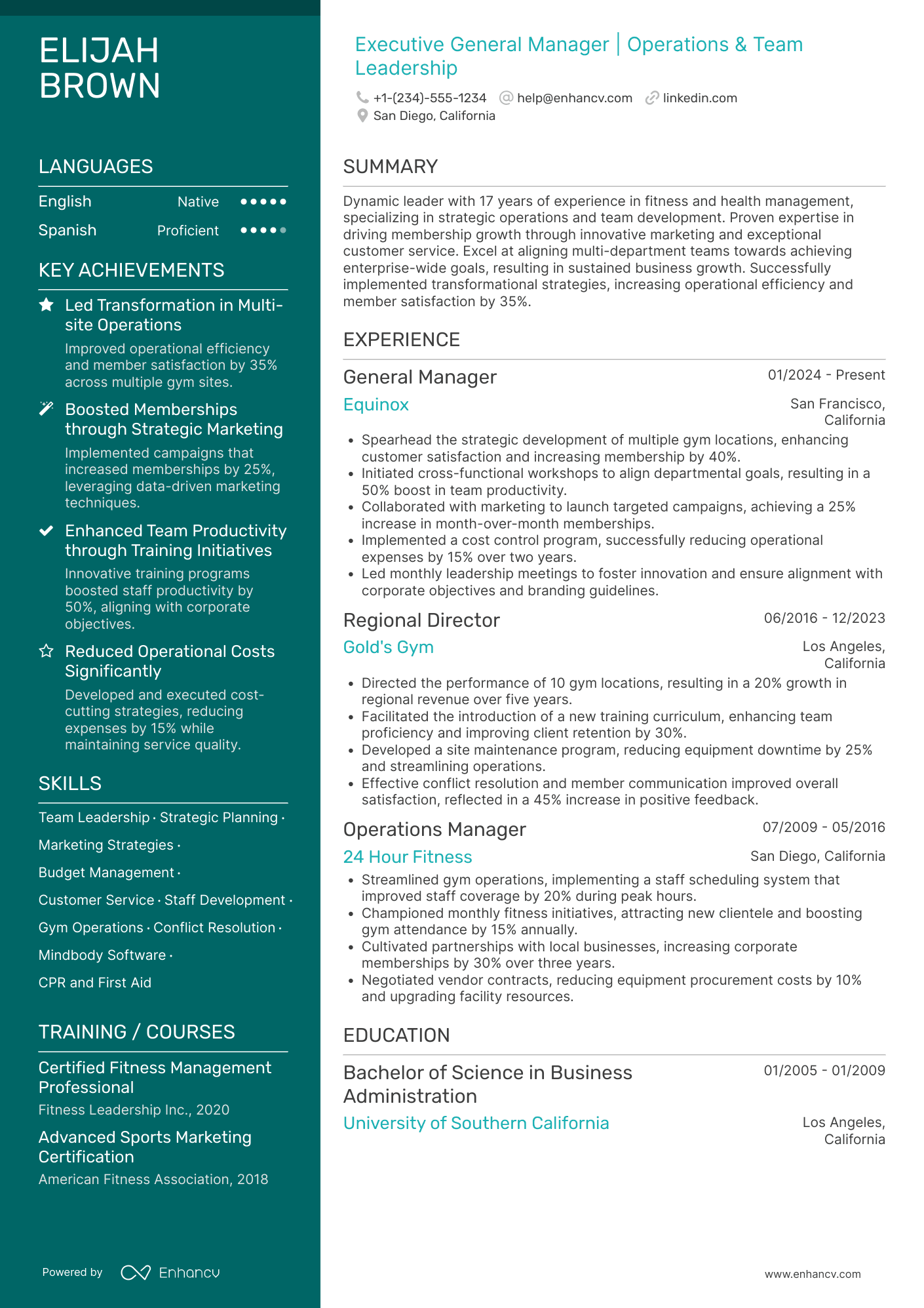 A resume example of a Fitness General Manager