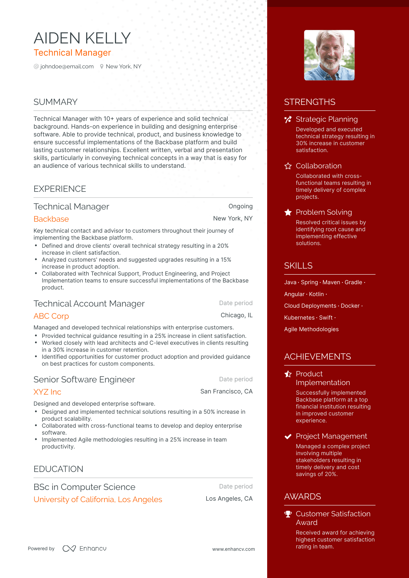 One Page Technical Manager Resume Template