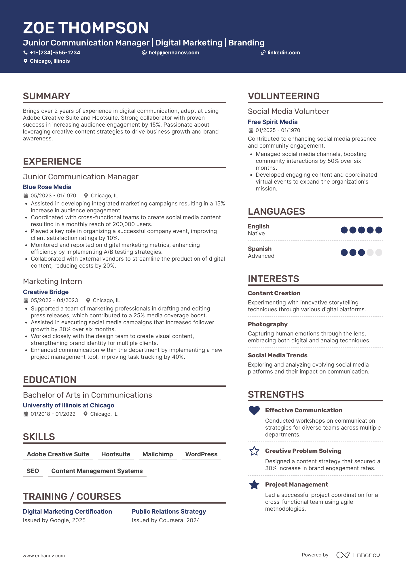 A resume example of a Junior Communication Manager