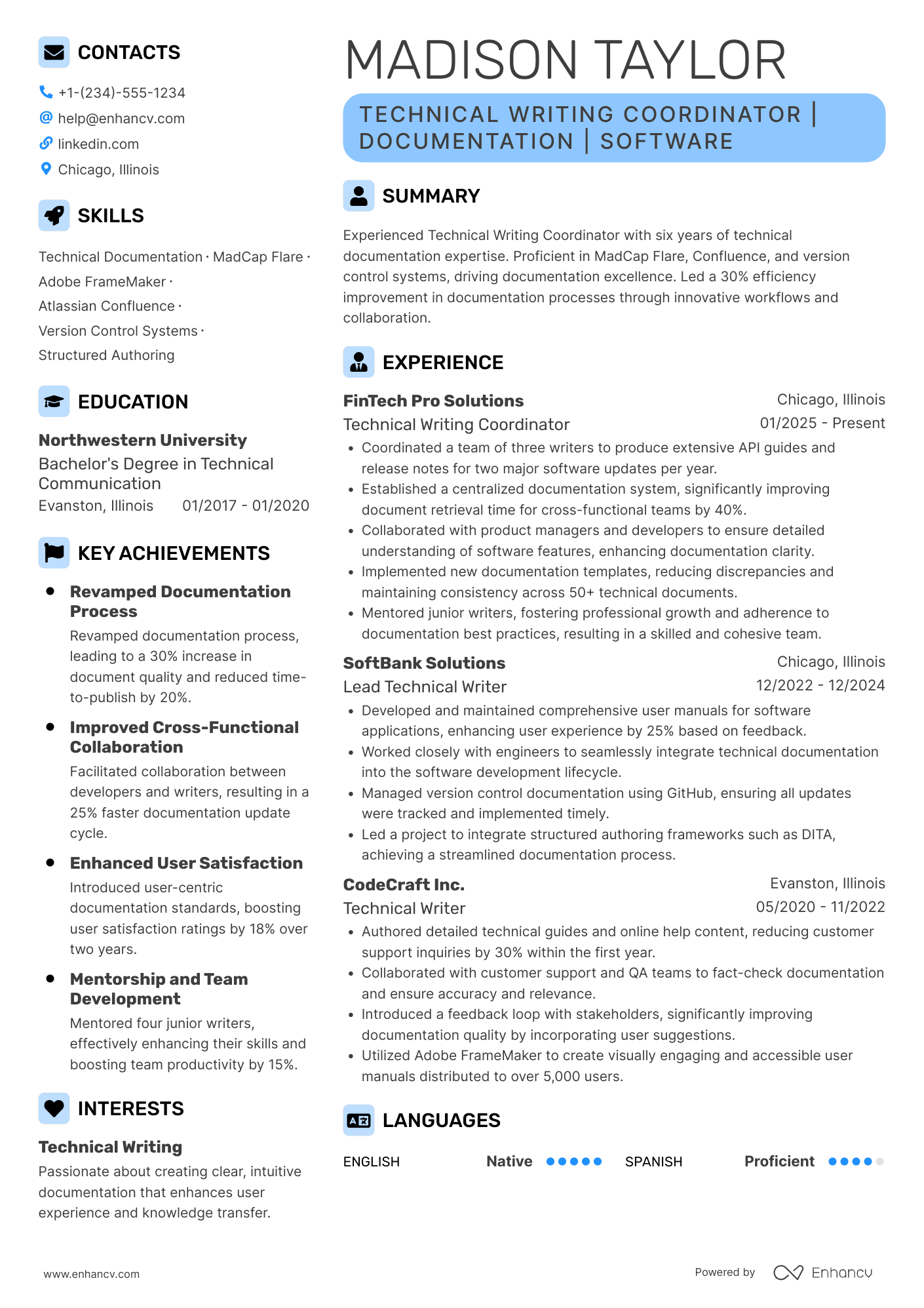 A resume example of a Technical Writing Coordinator