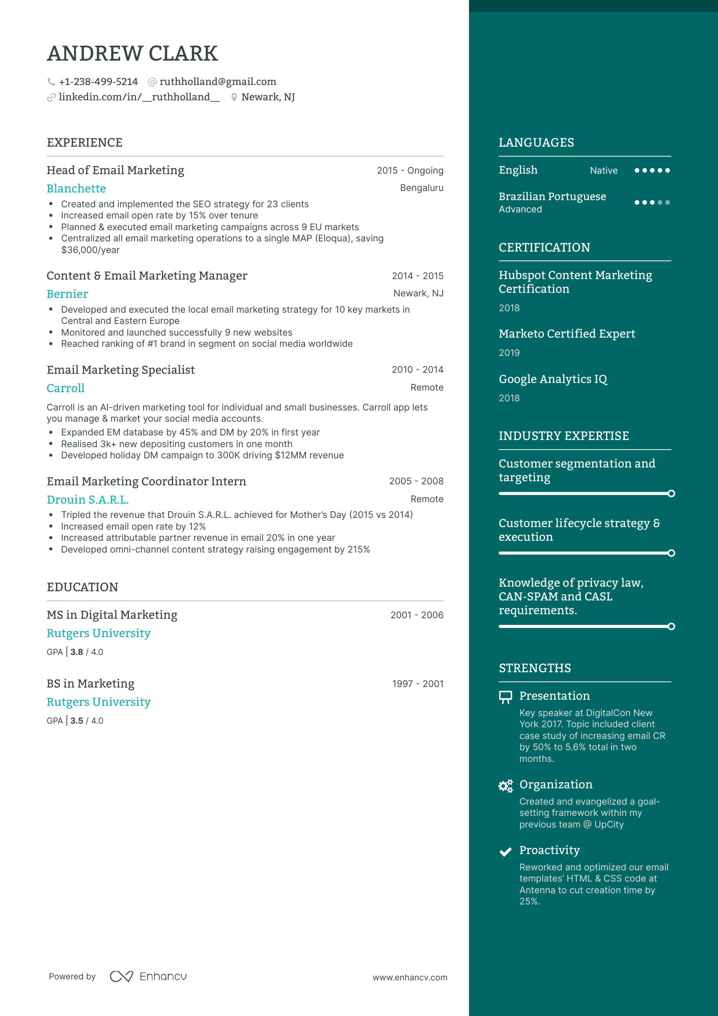 One Page Email Marketing Resume Template