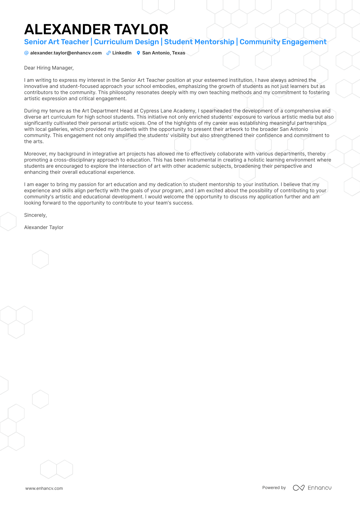 A resume example of a Senior Art Teacher