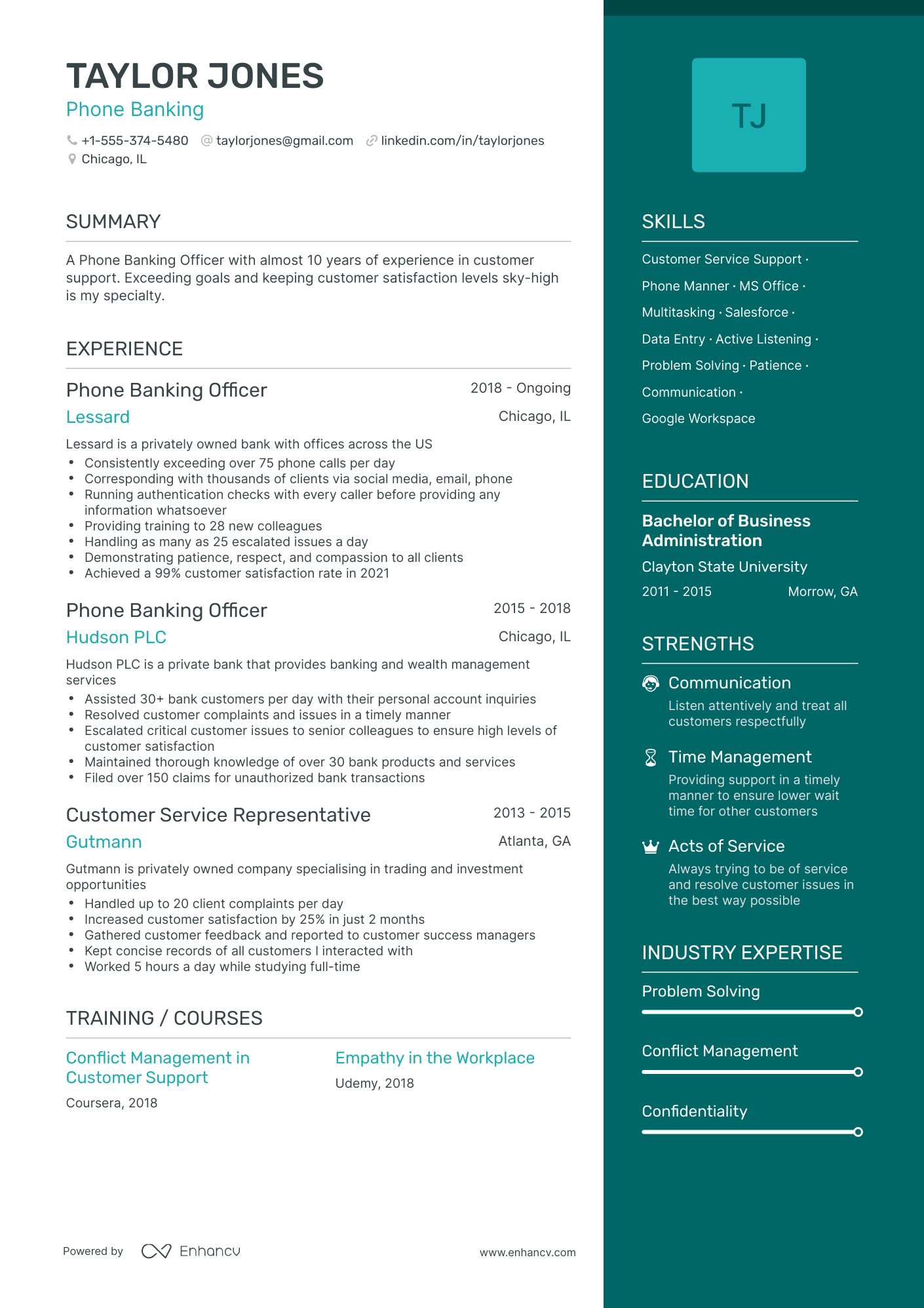 One Page Phone Banking Resume Template