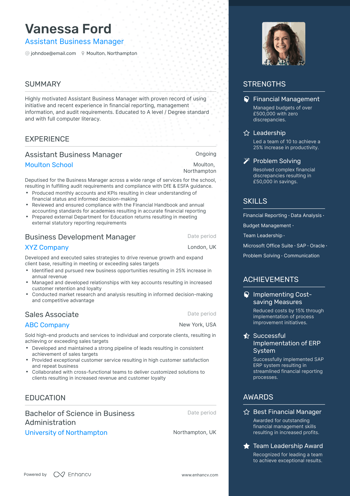 One Page Assistant Business Manager Resume Template