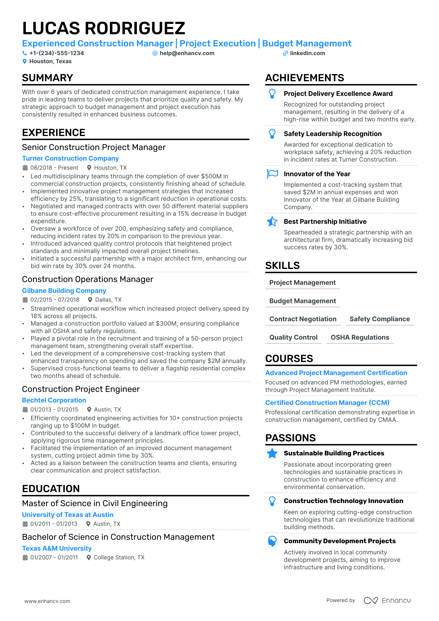 construction project list template for resume