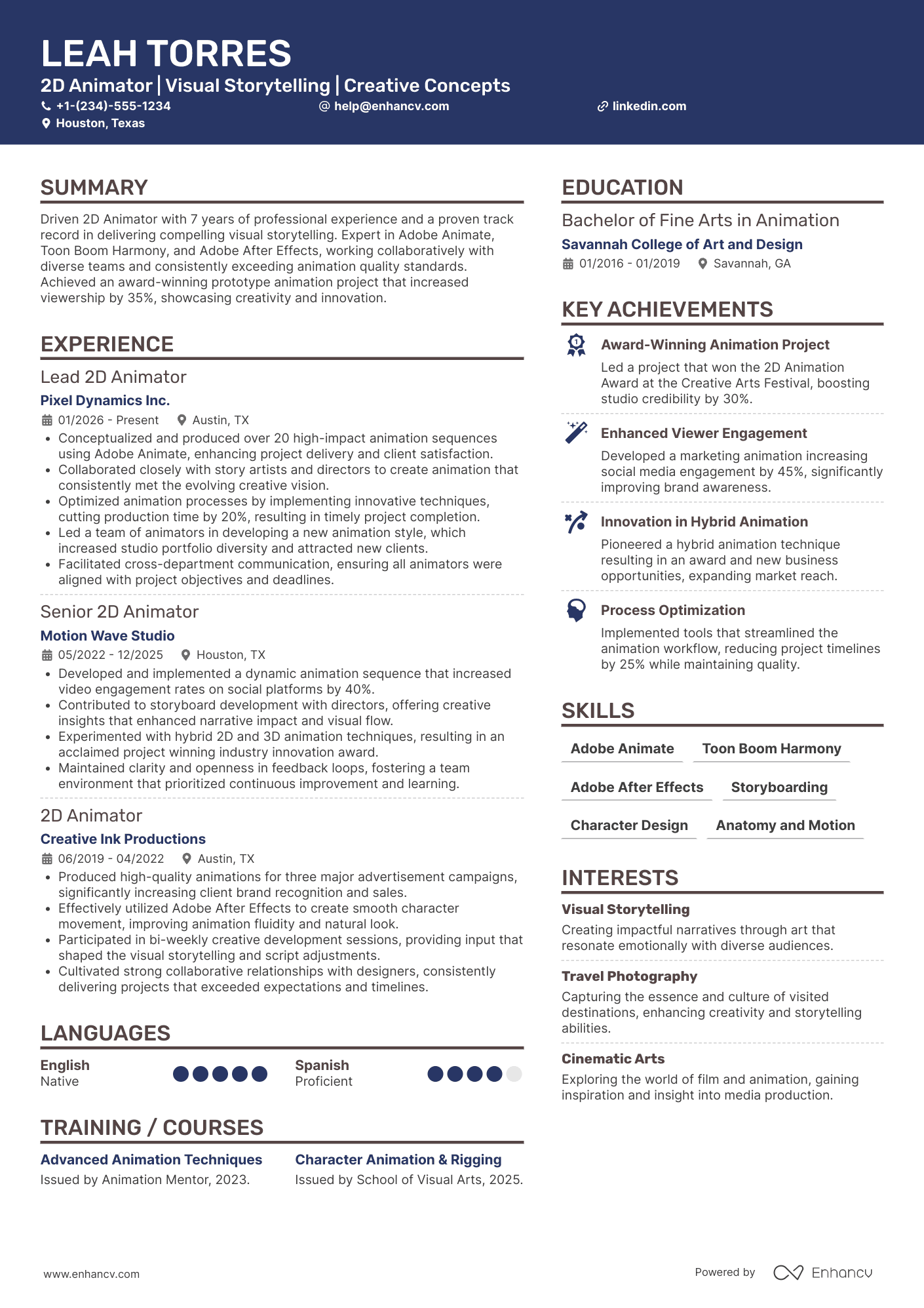 A resume example of a 2D Animator
