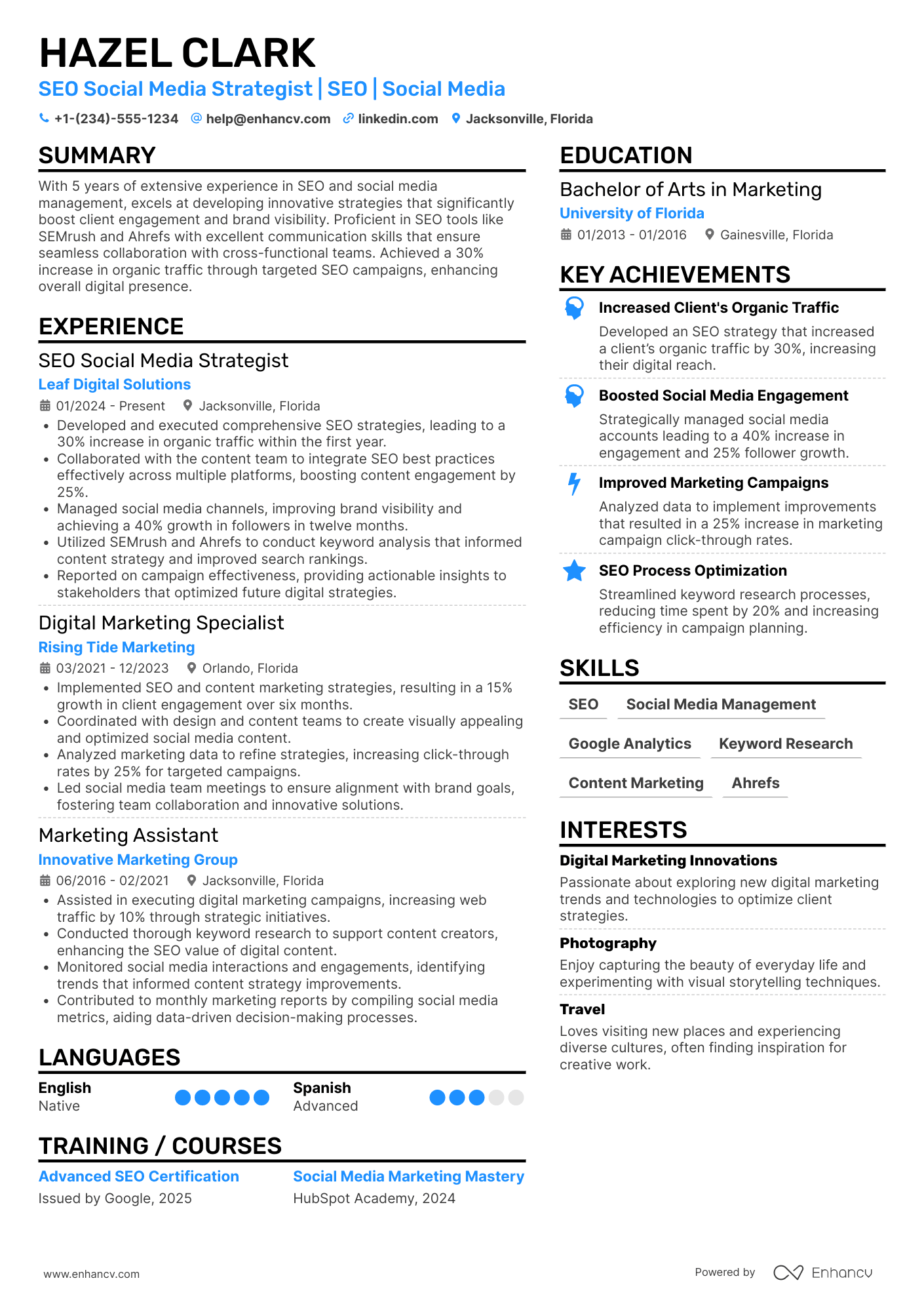 A resume example of a SEO Social Media Strategist
