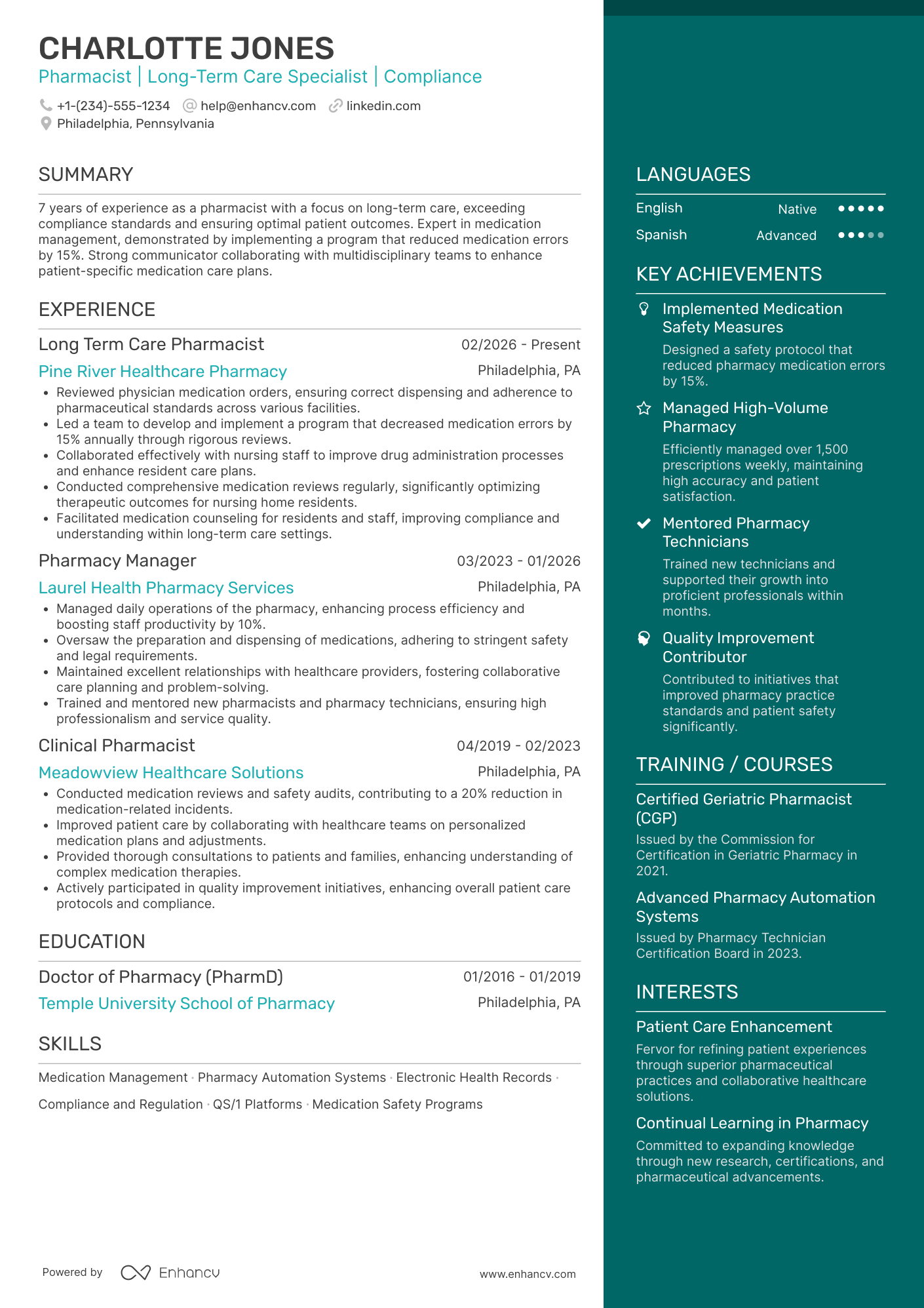 A resume example of a Long Term Care Pharmacist