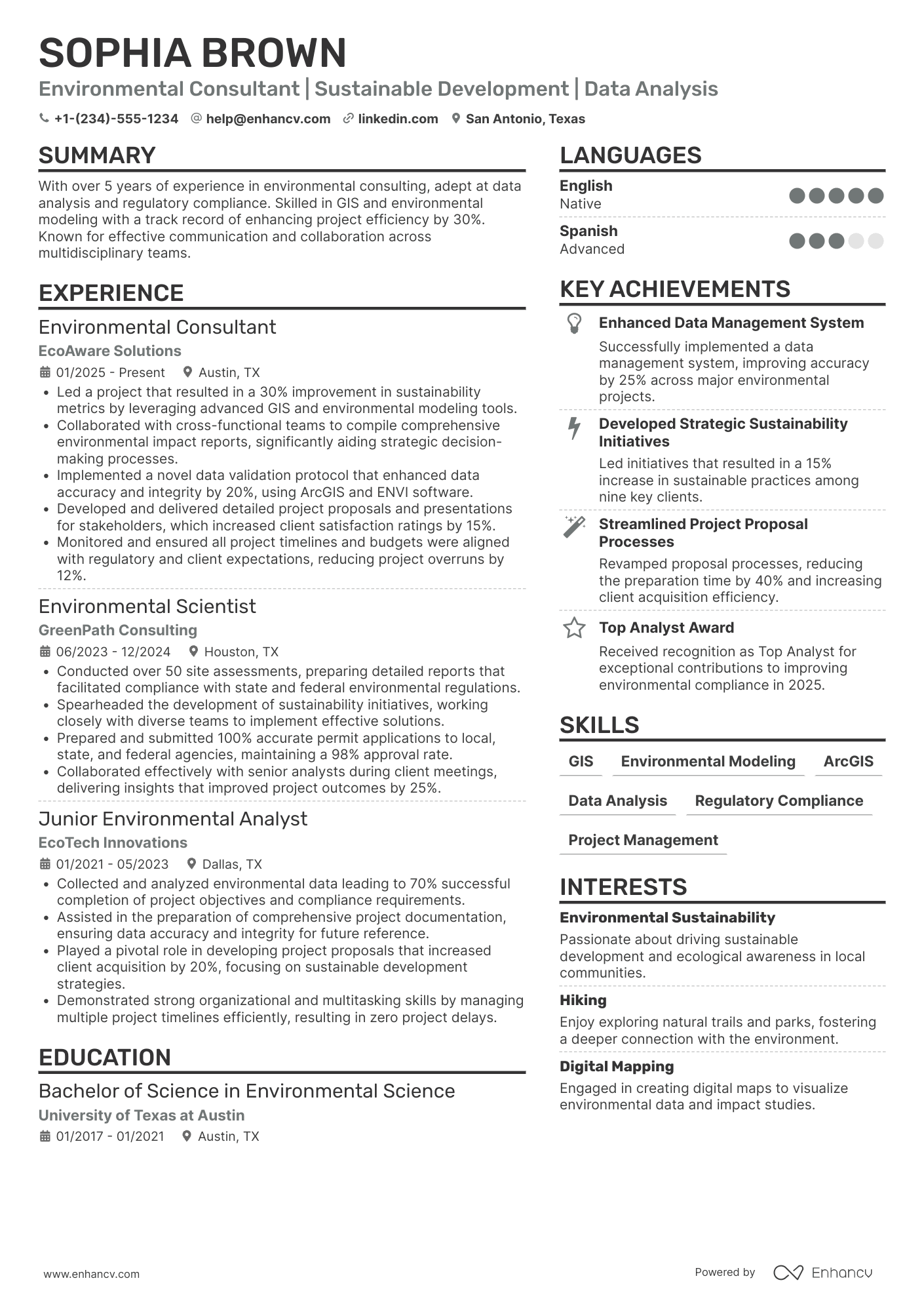 A resume example of a Environmental Project Analyst