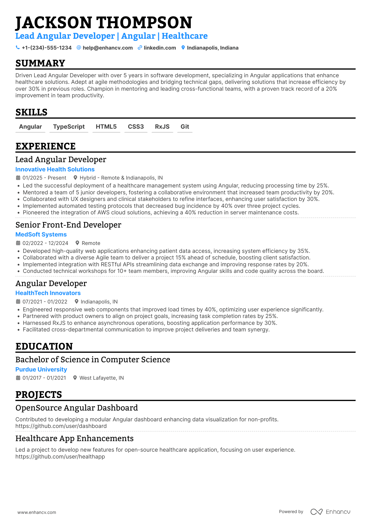 A resume example of a Lead Angular Developer