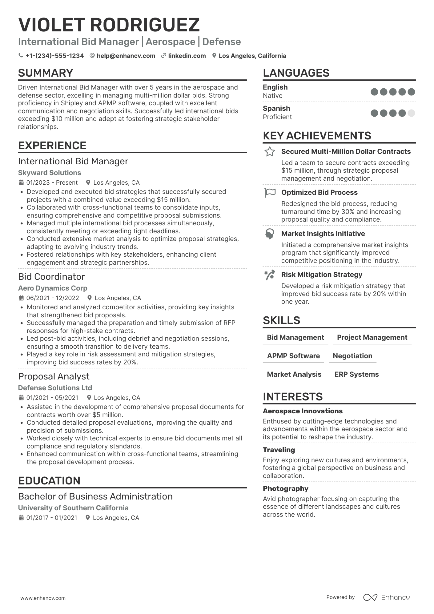 A resume example of a International Bid Manager