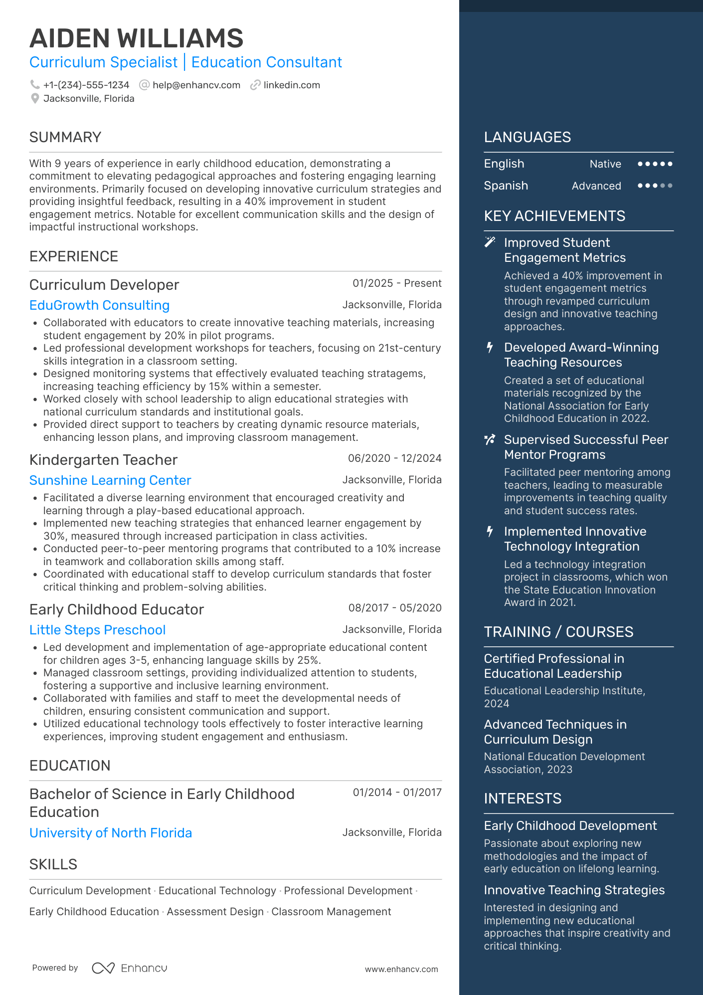 A resume example of a Kindergarten Teacher Consultant
