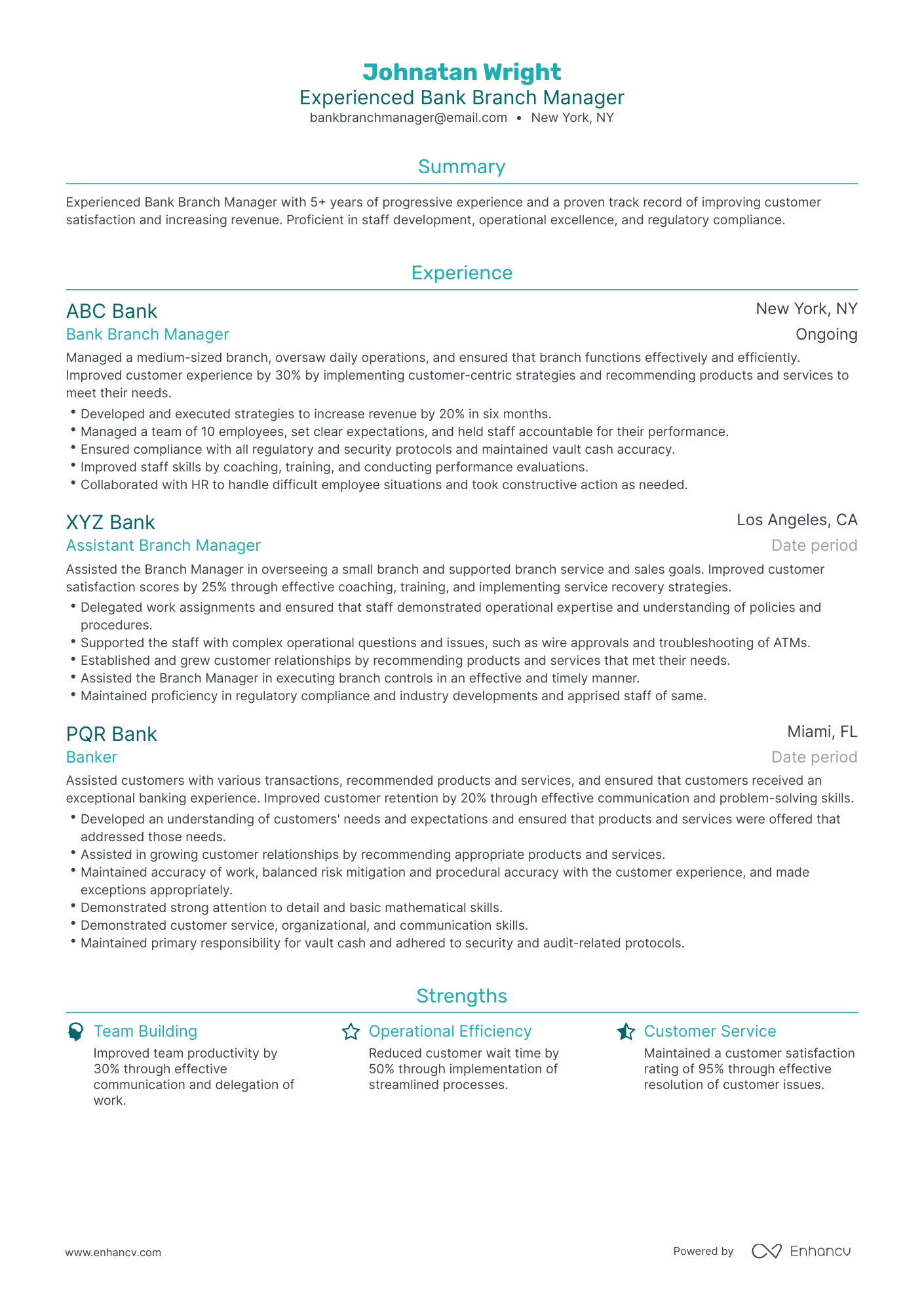 Traditional Bank Branch Manager Resume Template