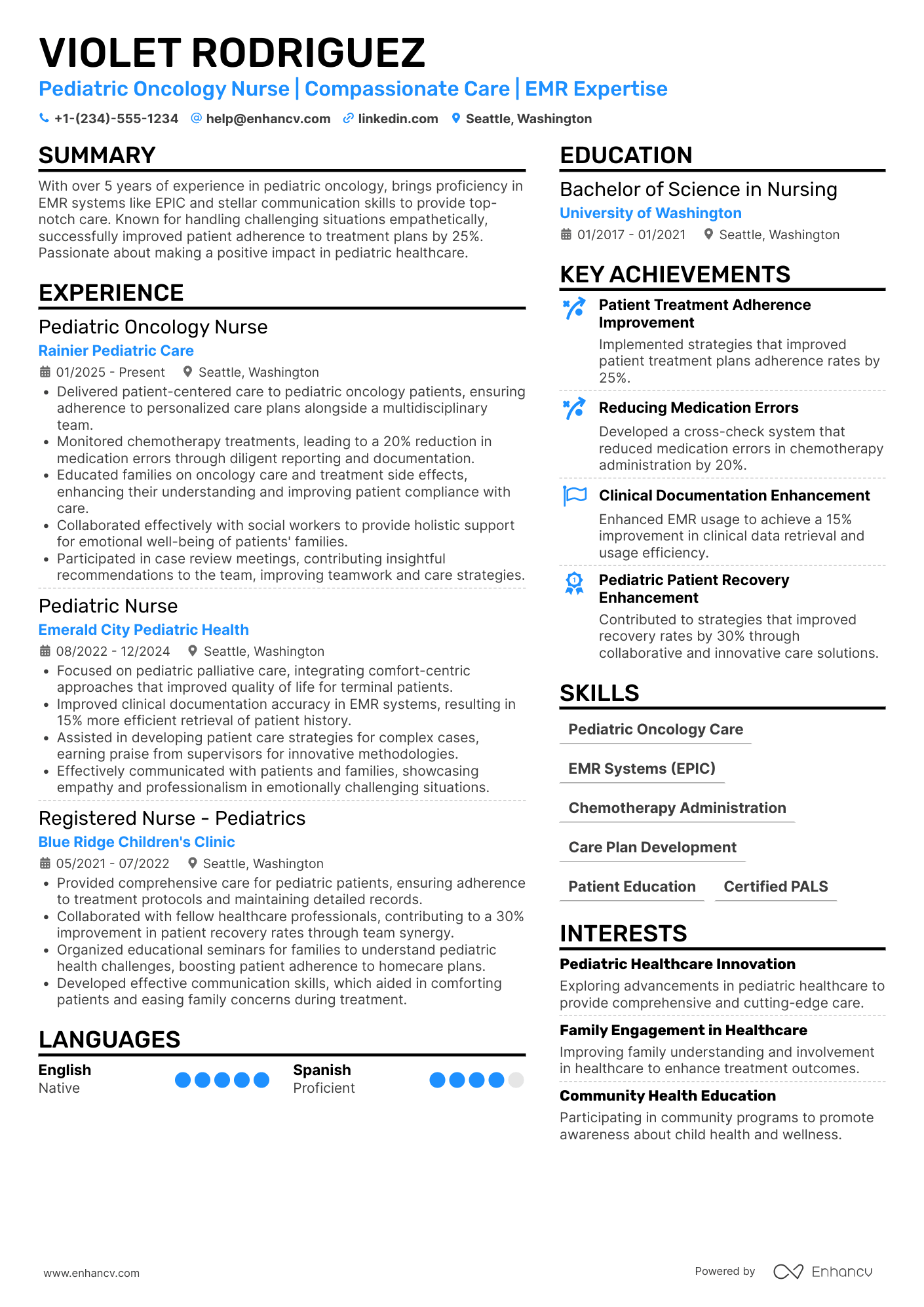 A resume example of a Pediatric Oncology Nurse