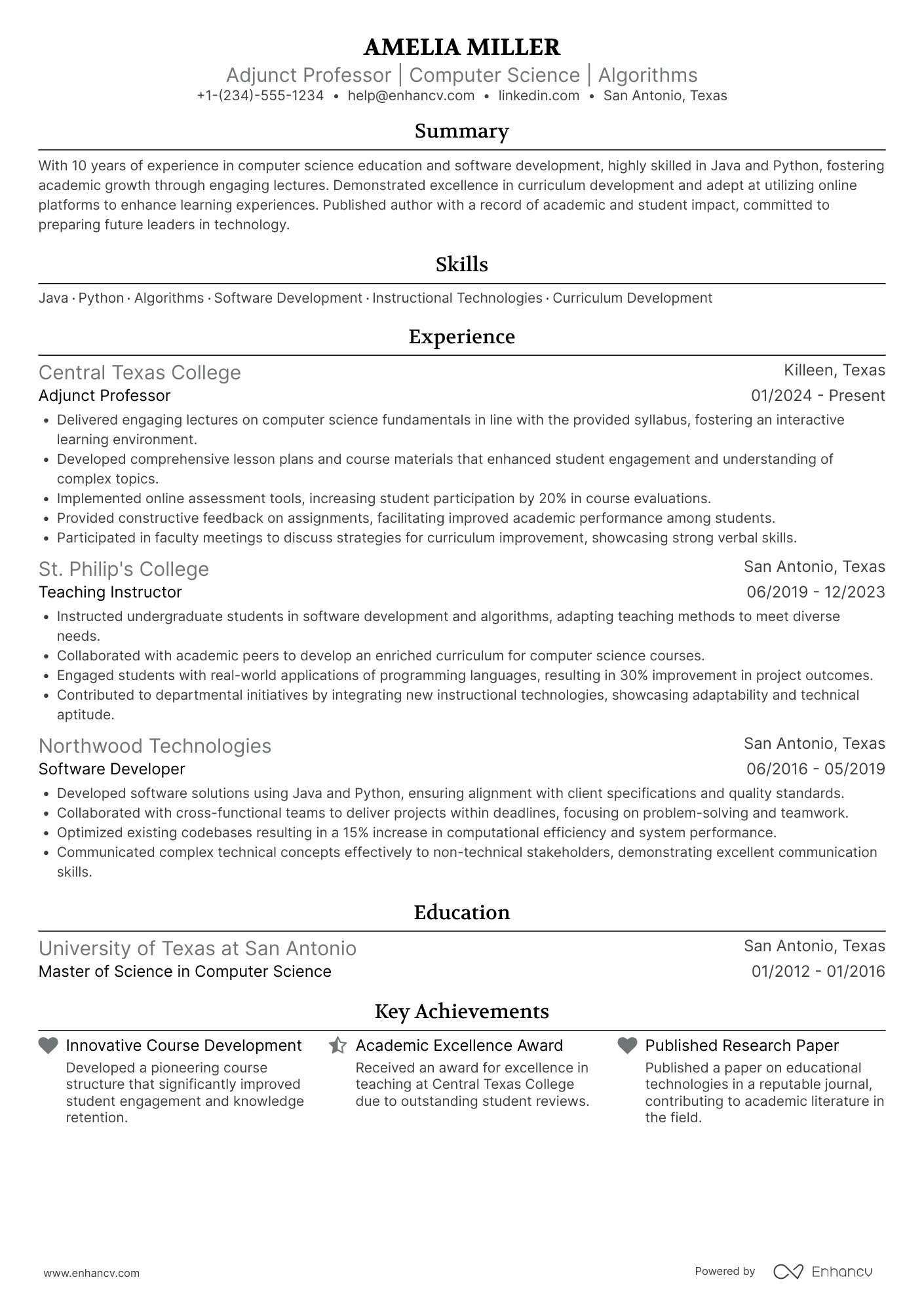 A resume example of a Adjunct Professor