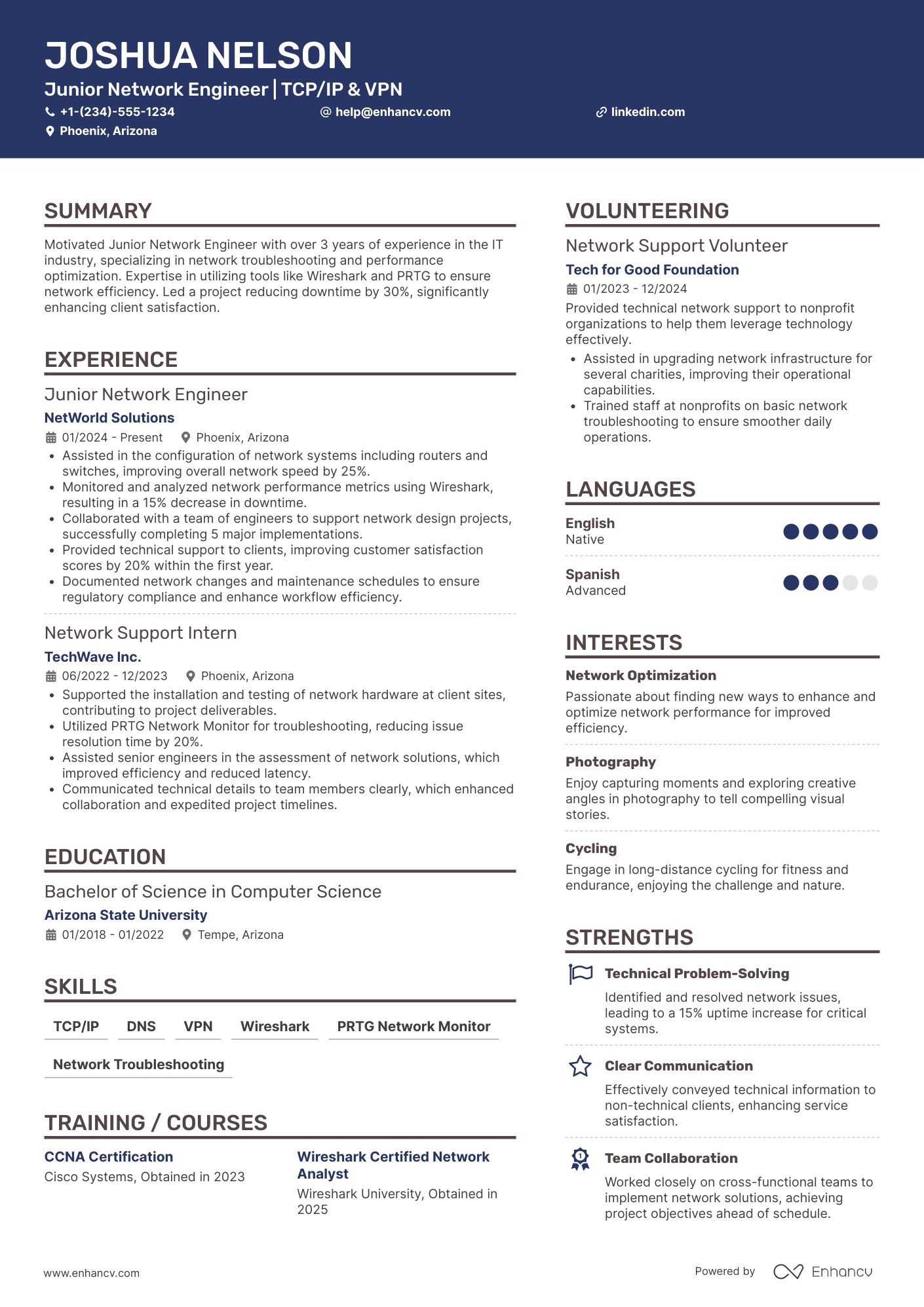 A resume example of a Junior Network Engineer