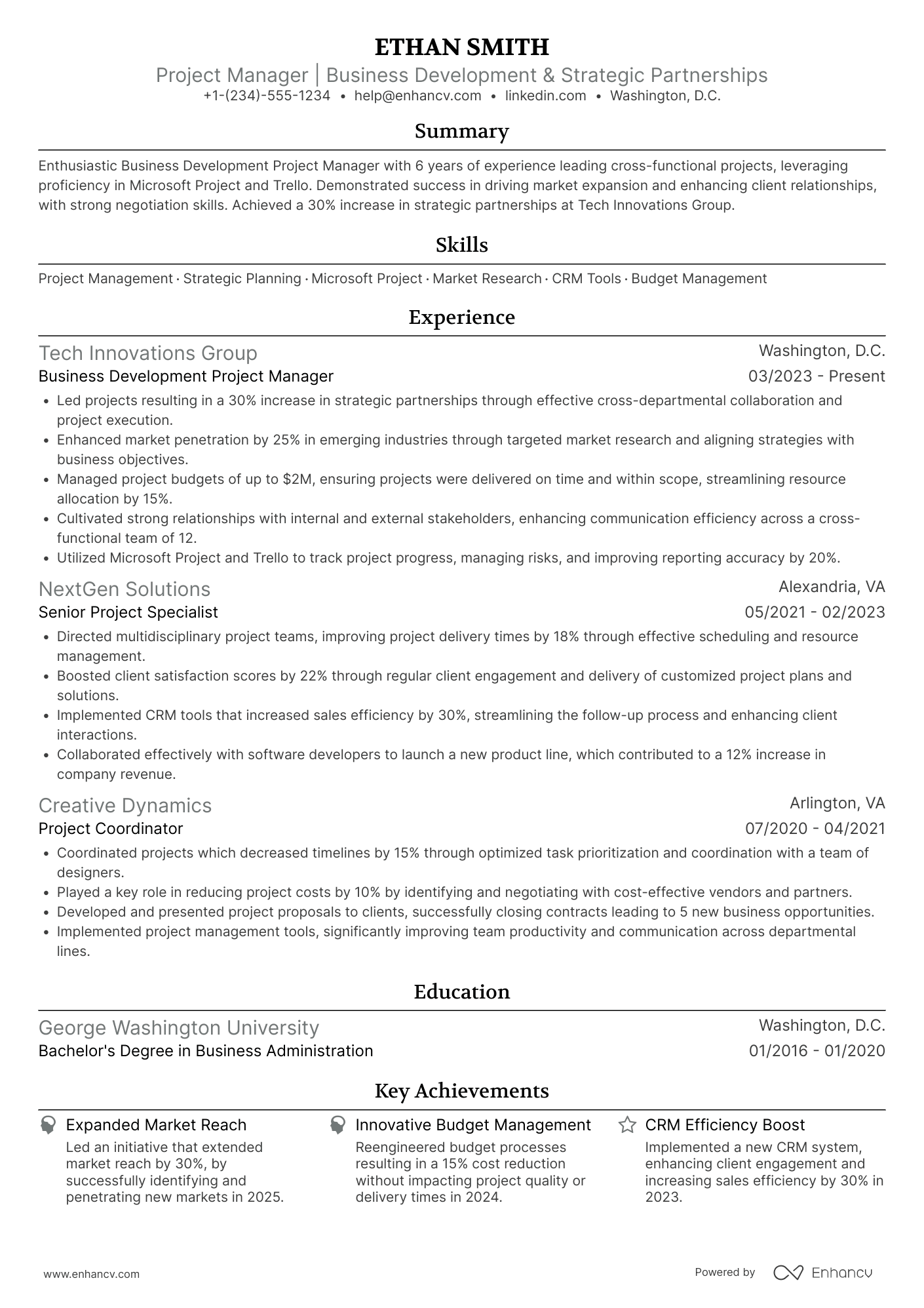 A resume example of a Business Development Project Manager