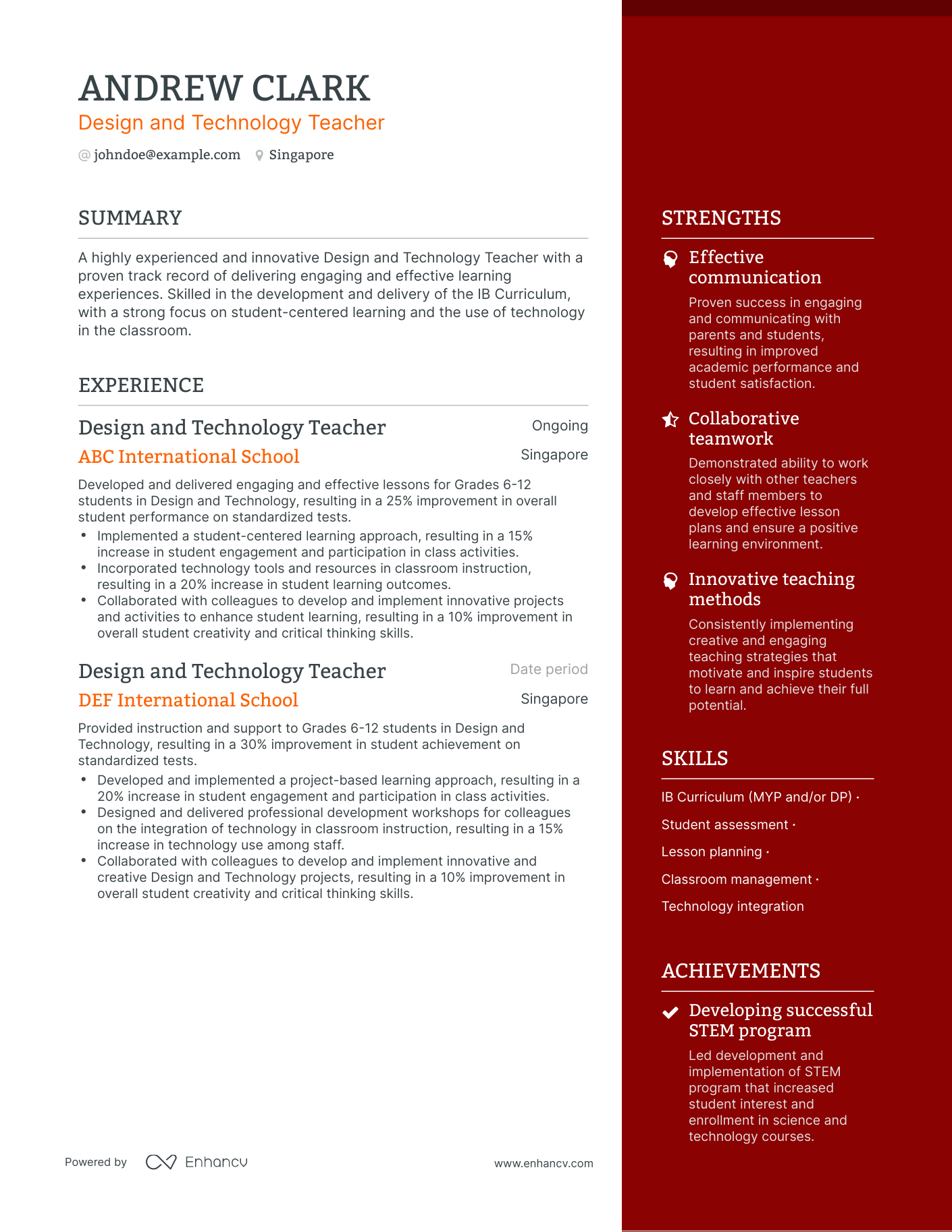 One Page Technology Teacher Resume Template