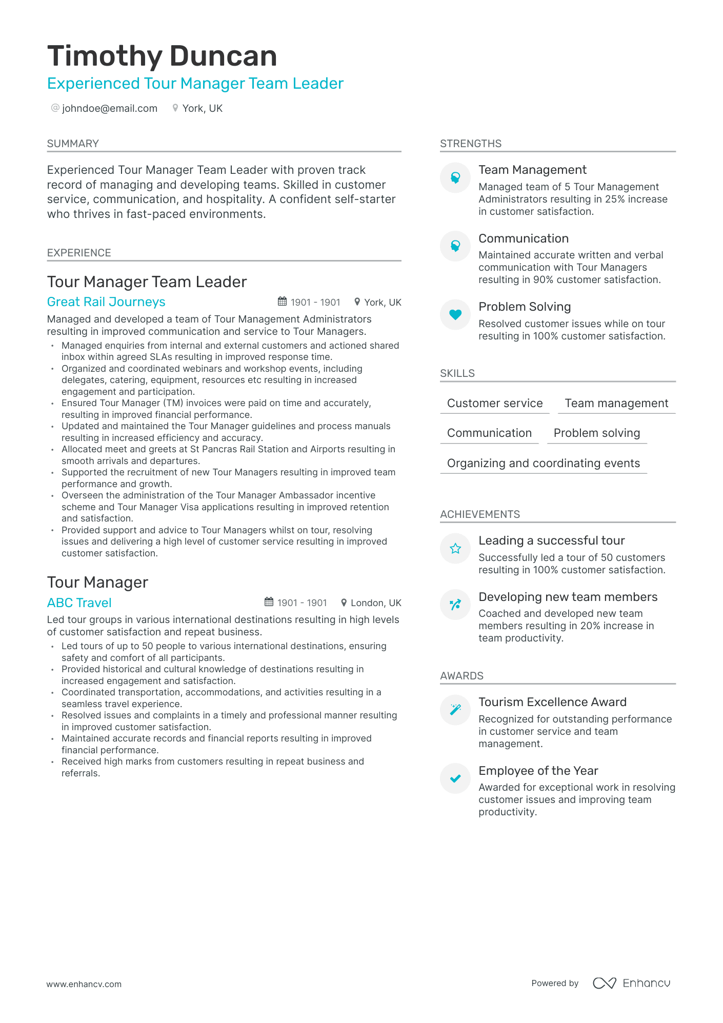 Modern Tour Manager Resume Template