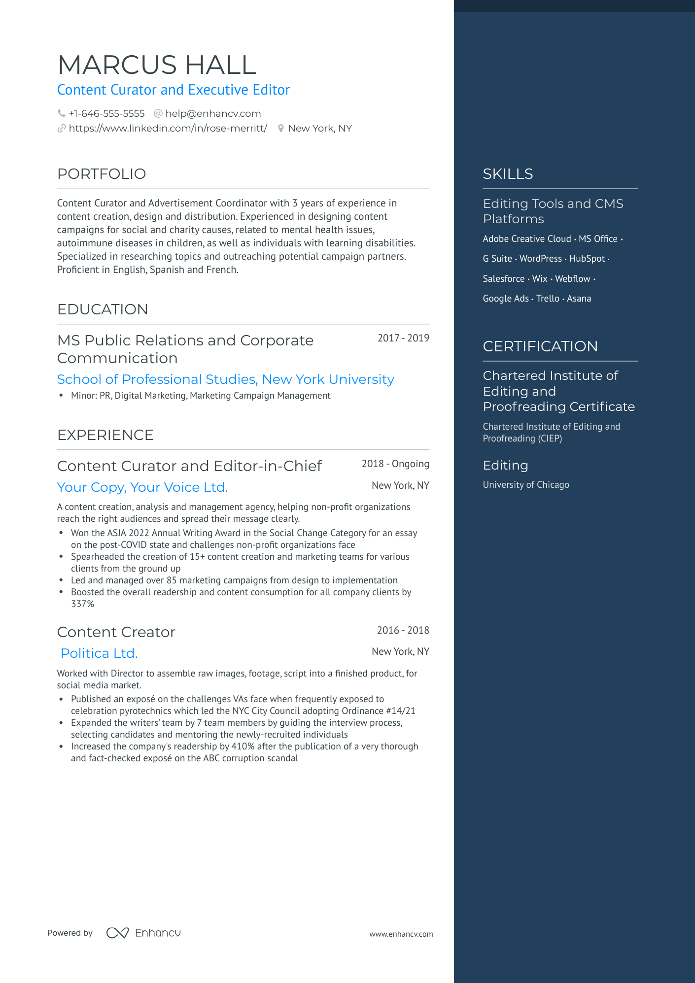 One Page Editor Resume Template
